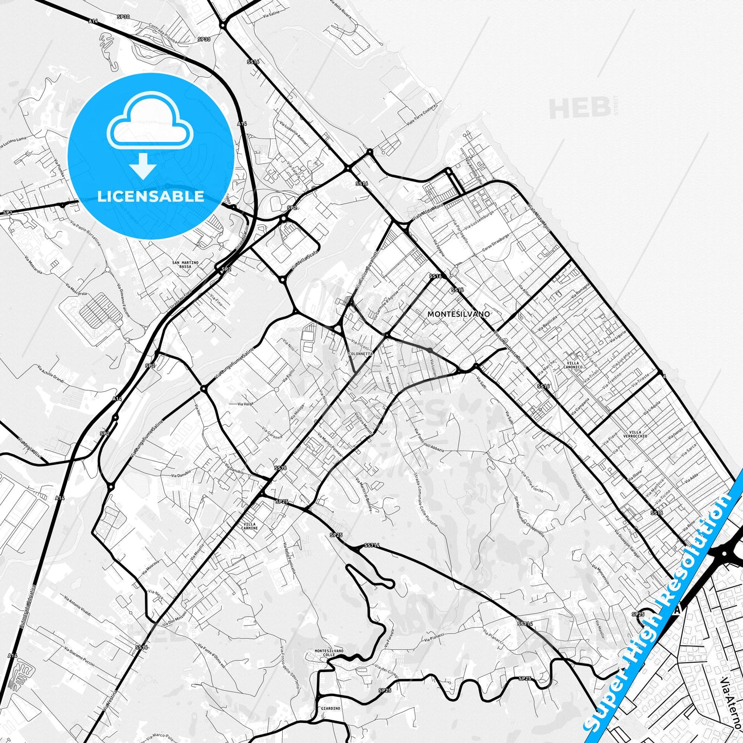 Montesilvano, Italy Light Map with Street Names, City Names, and Districts