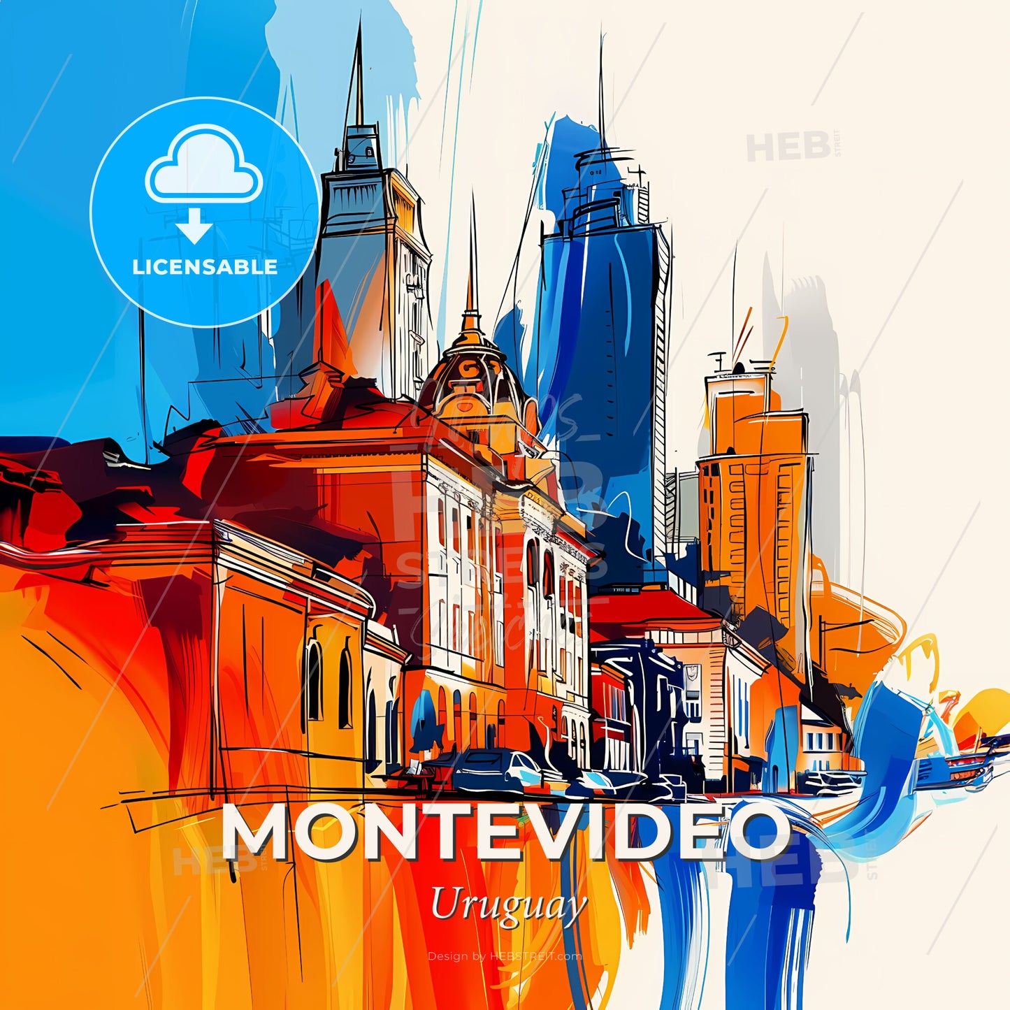 Vibrant Montevideo, Uruguay - A Colorful Cityscape With Buildings And Cars - Square format print template