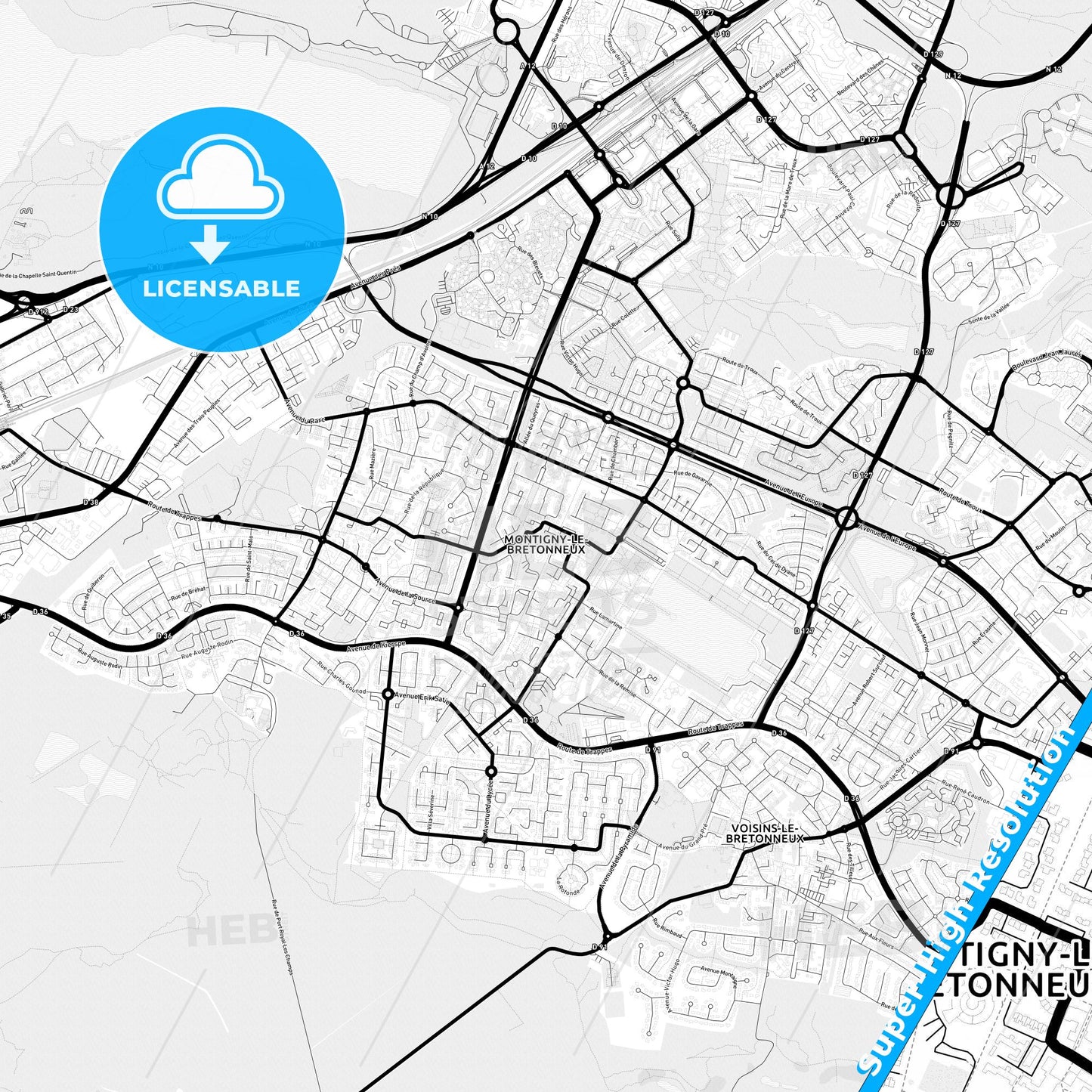 Montigny-le-Bretonneux, France Light Map with Street Names, City Names, and Districts