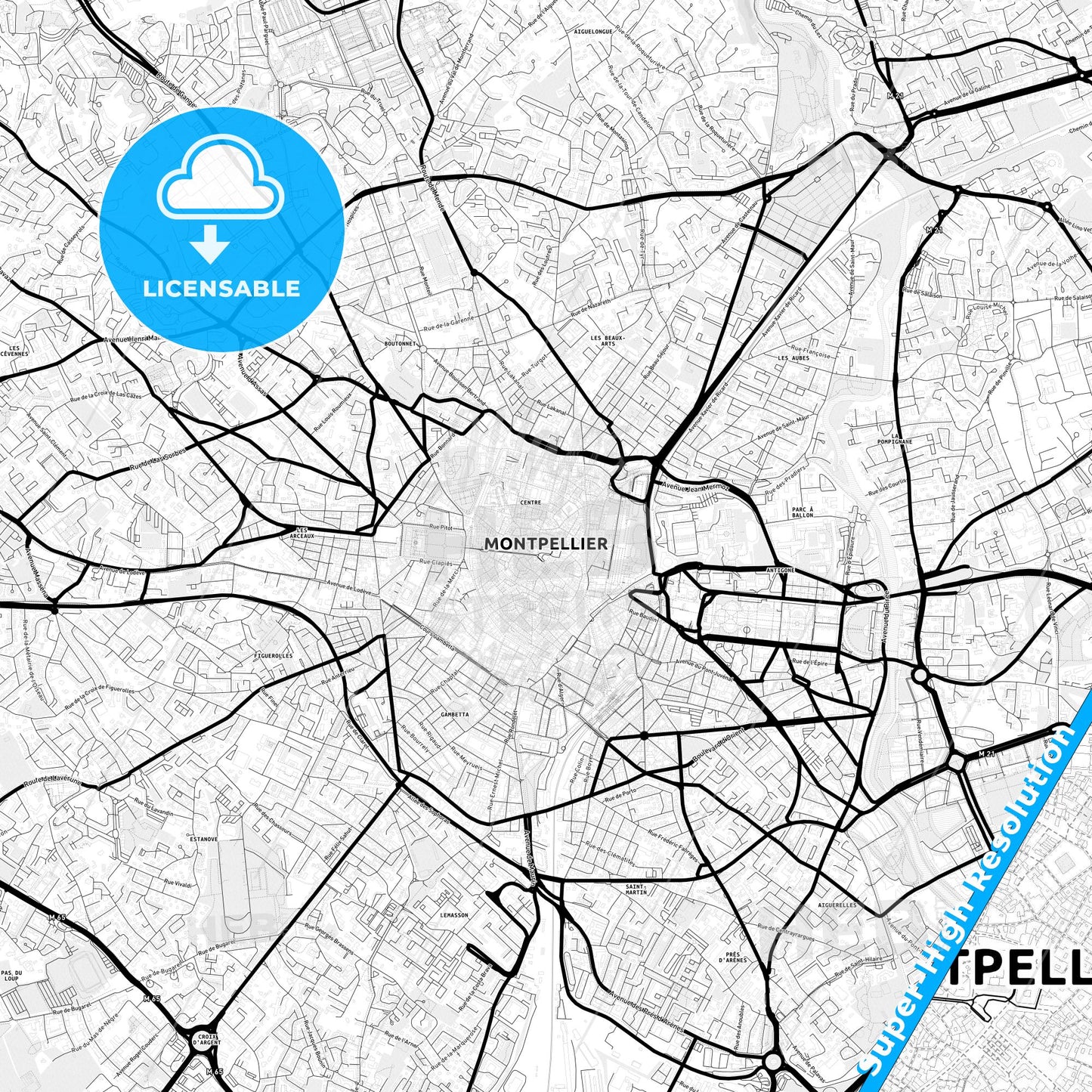 Montpellier, France Light Map with Street Names, City Names, and Districts