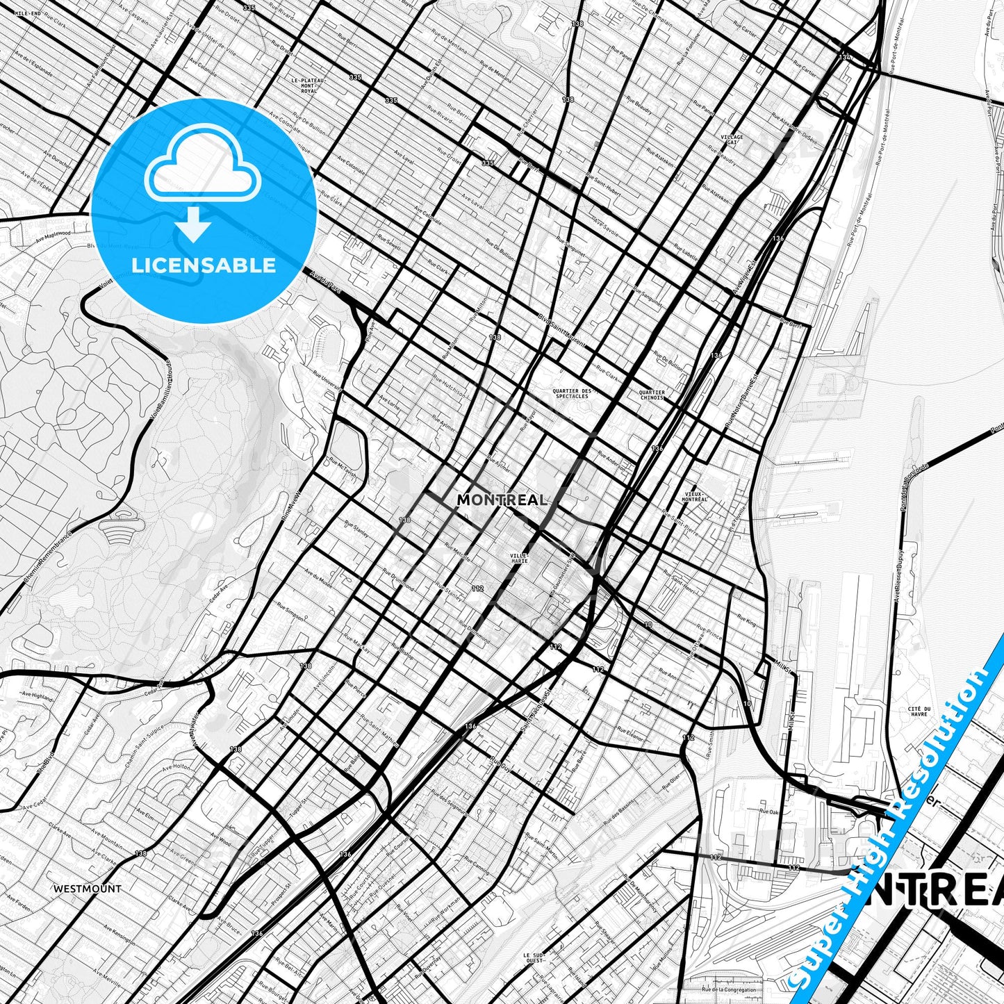 Montreal, Canada Light Map with Street Names, City Names, and Districts