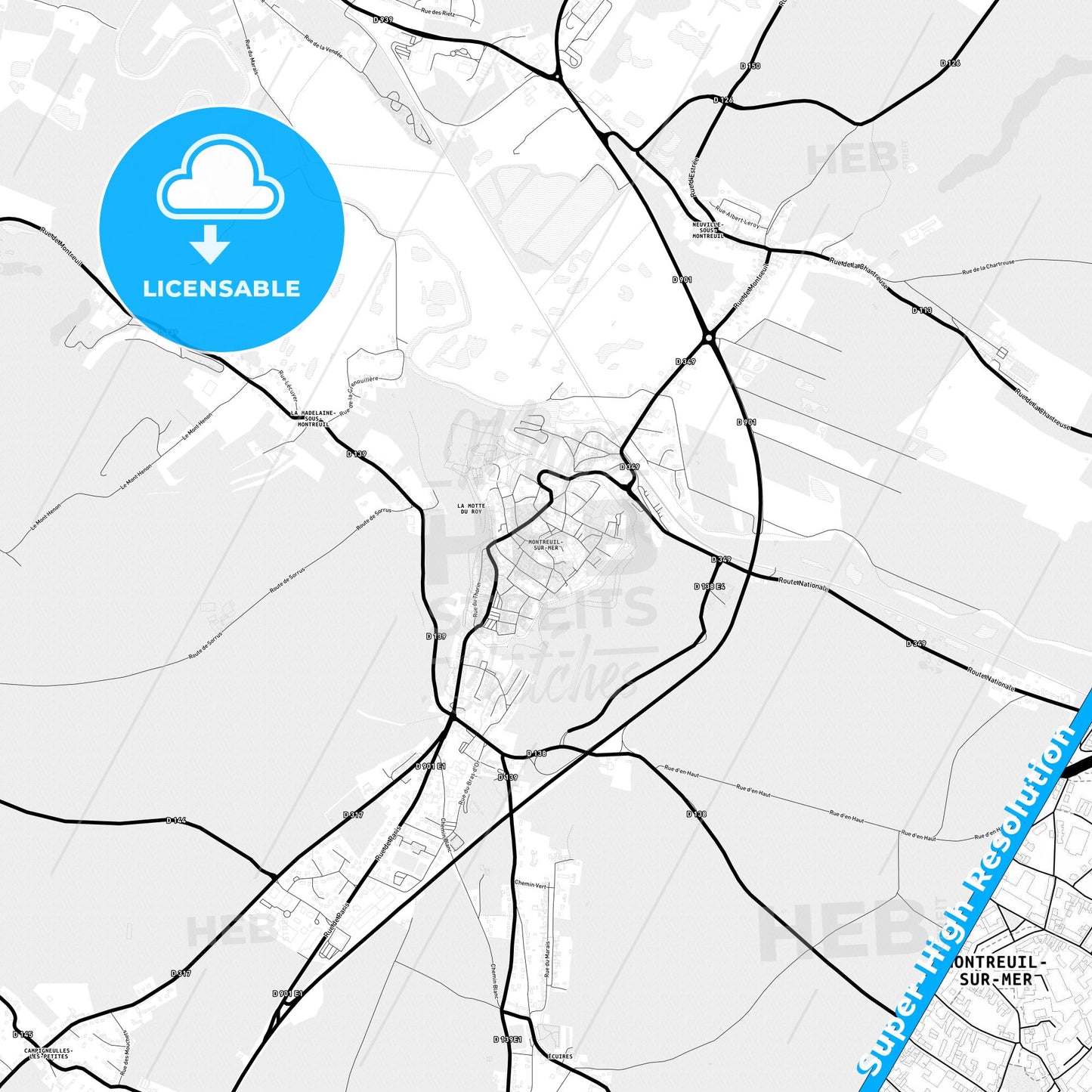 Montreuil, France Light Map with Street Names, City Names, and Districts