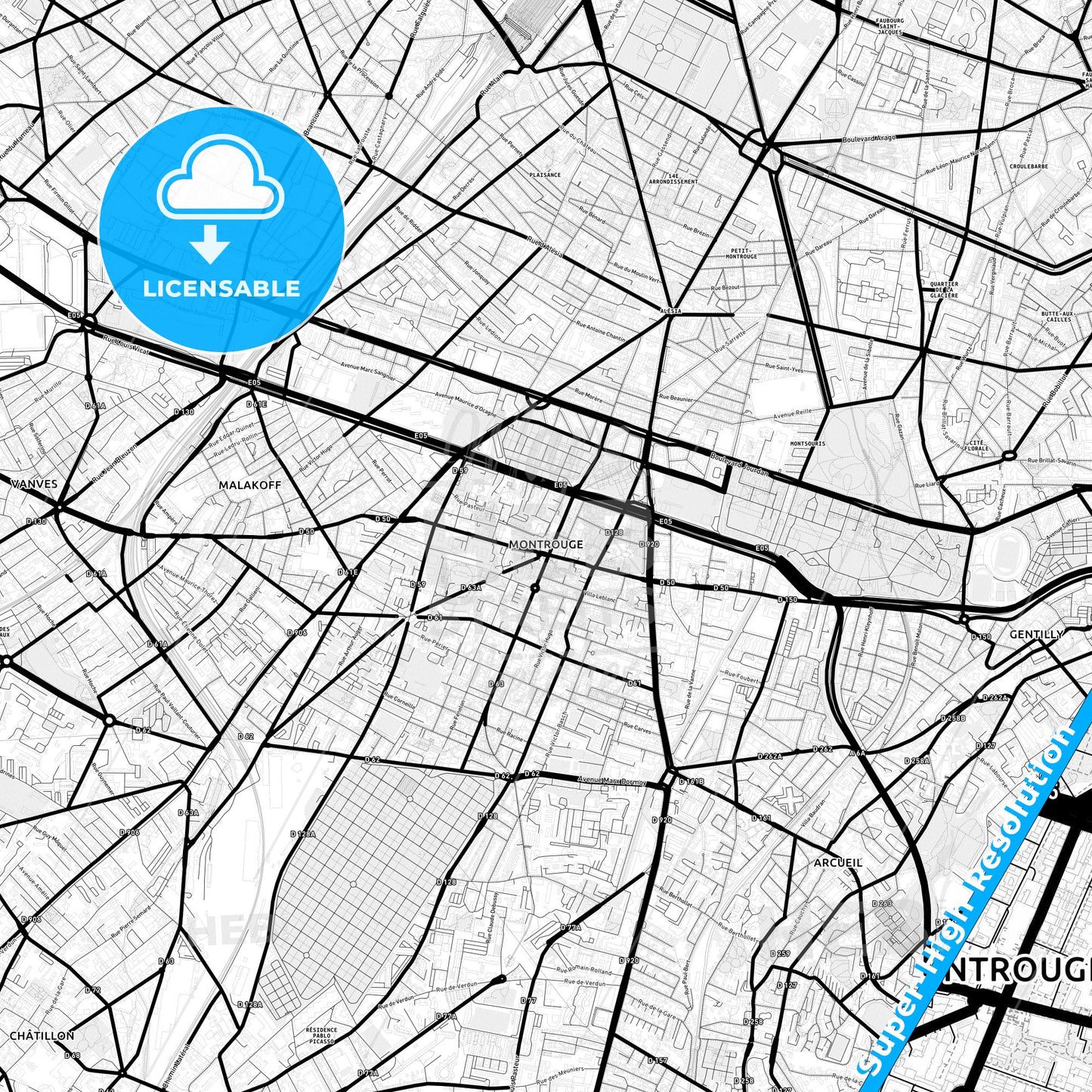 Montrouge, France Light Map with Street Names, City Names, and Districts