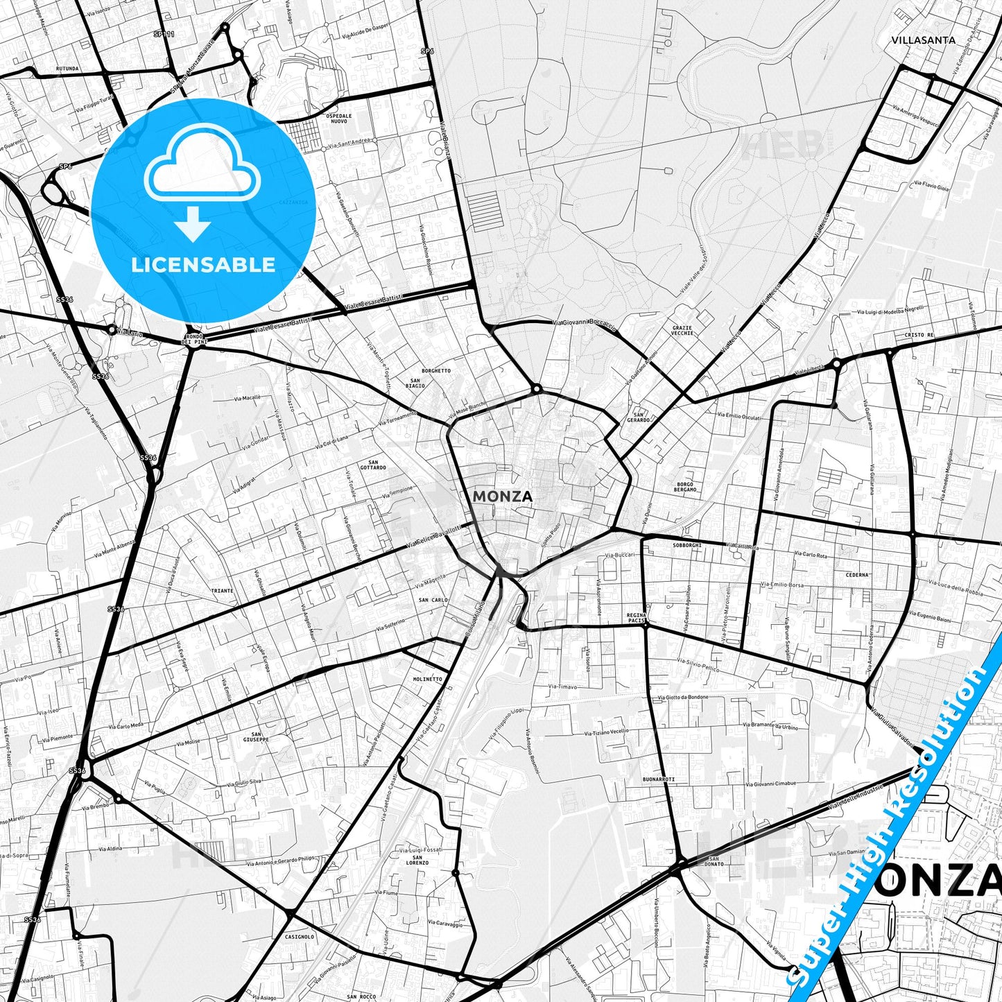 Monza, Italy Light Map with Street Names, City Names, and Districts