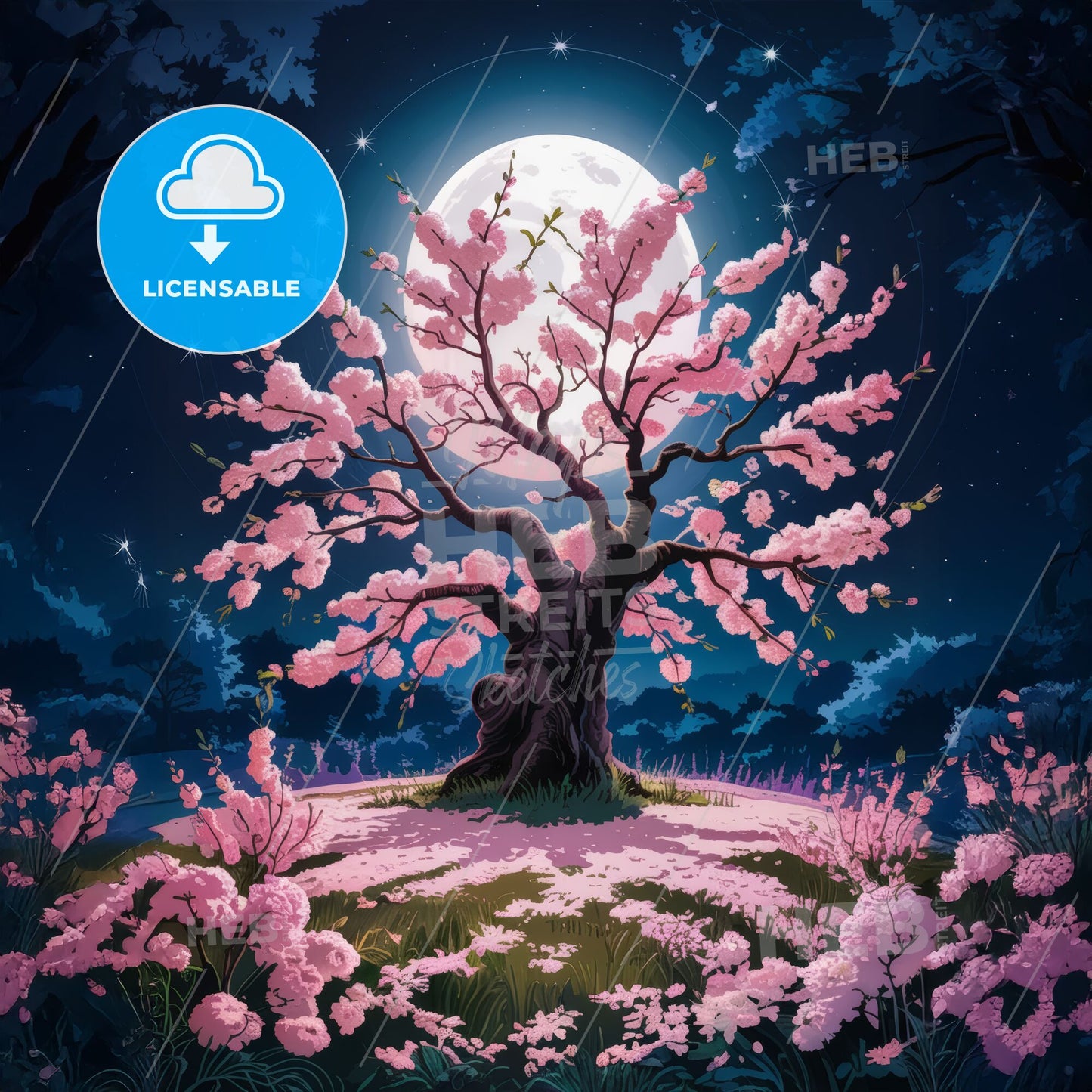 Moonlit Cherry Blossoms: A Serene Nightscape of Ethereal Beauty and Tranquility