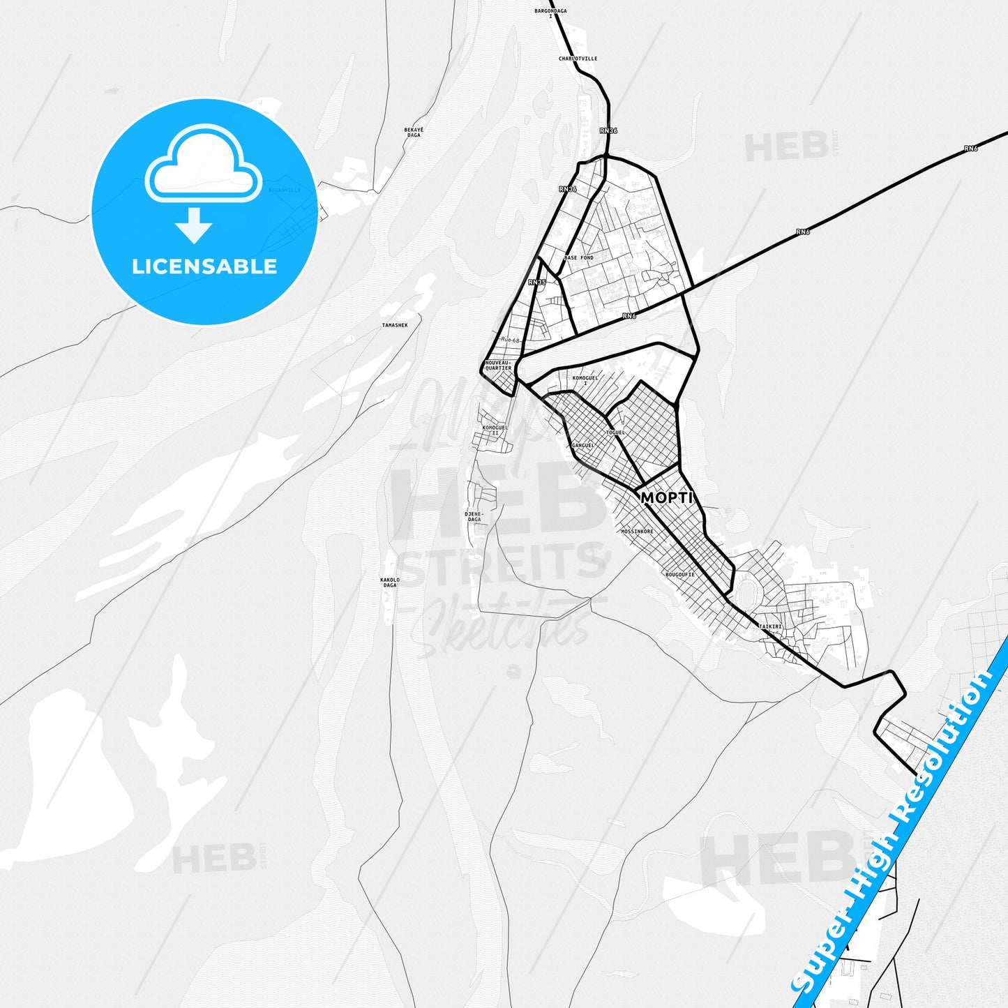 Mopti, Mali Light Map with Street Names, City Names, and Districts