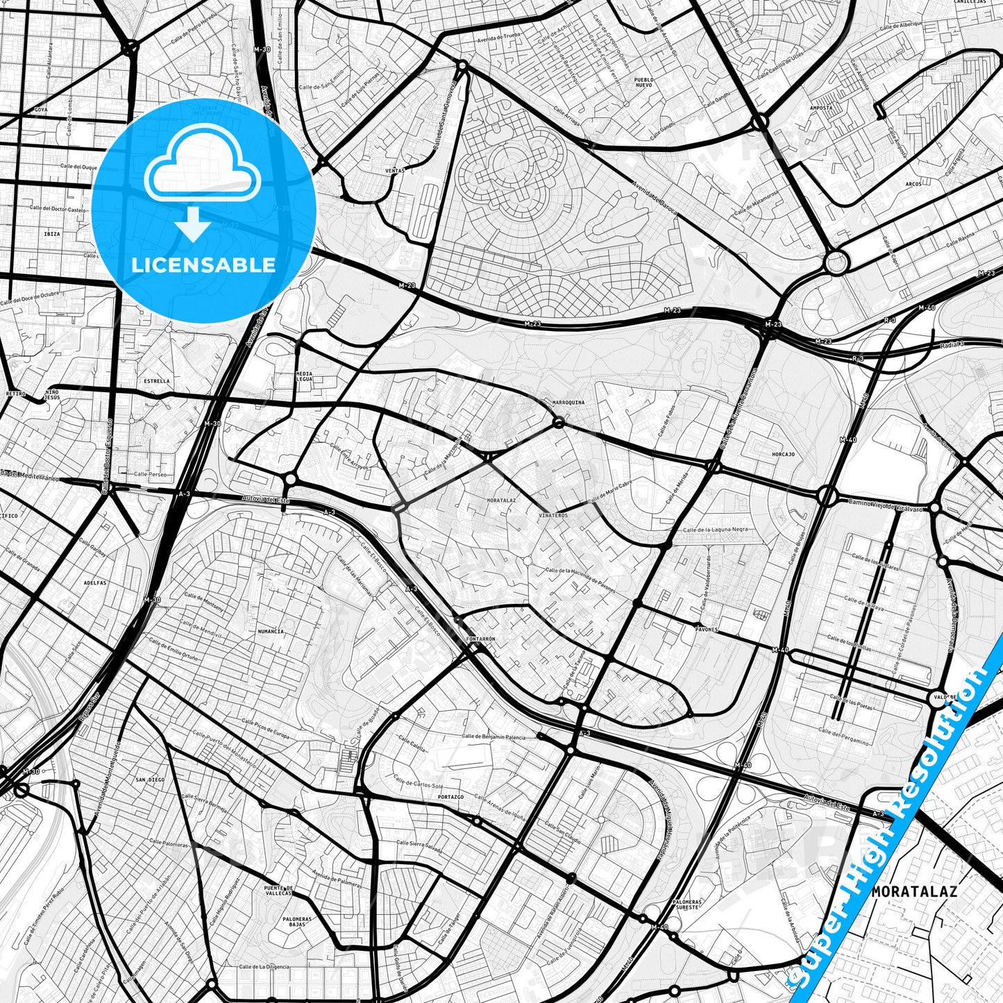 Moratalaz, Spain Light Map with Street Names, City Names, and Districts
