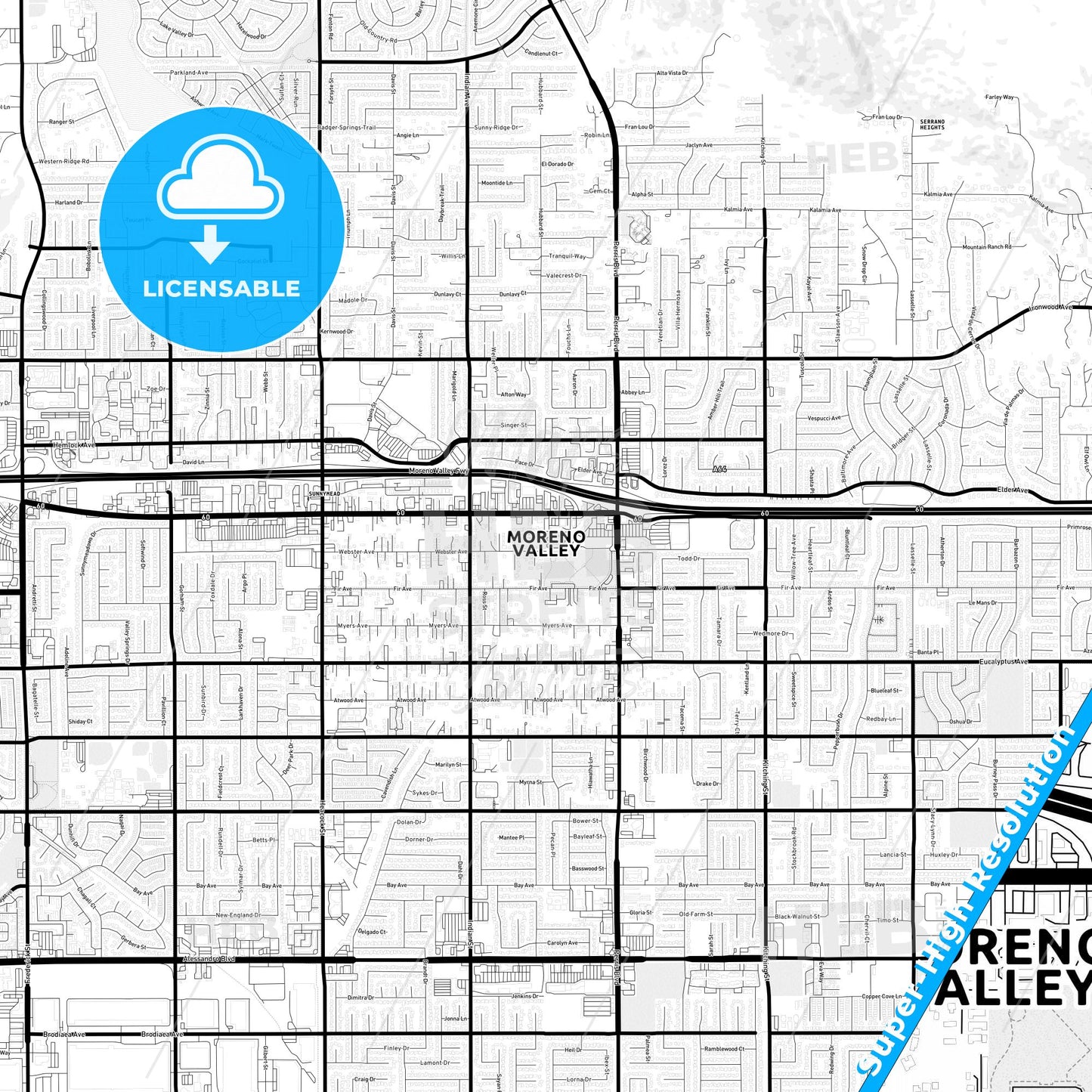 Moreno Valley, California Light Map with Street Names, City Names, and Districts