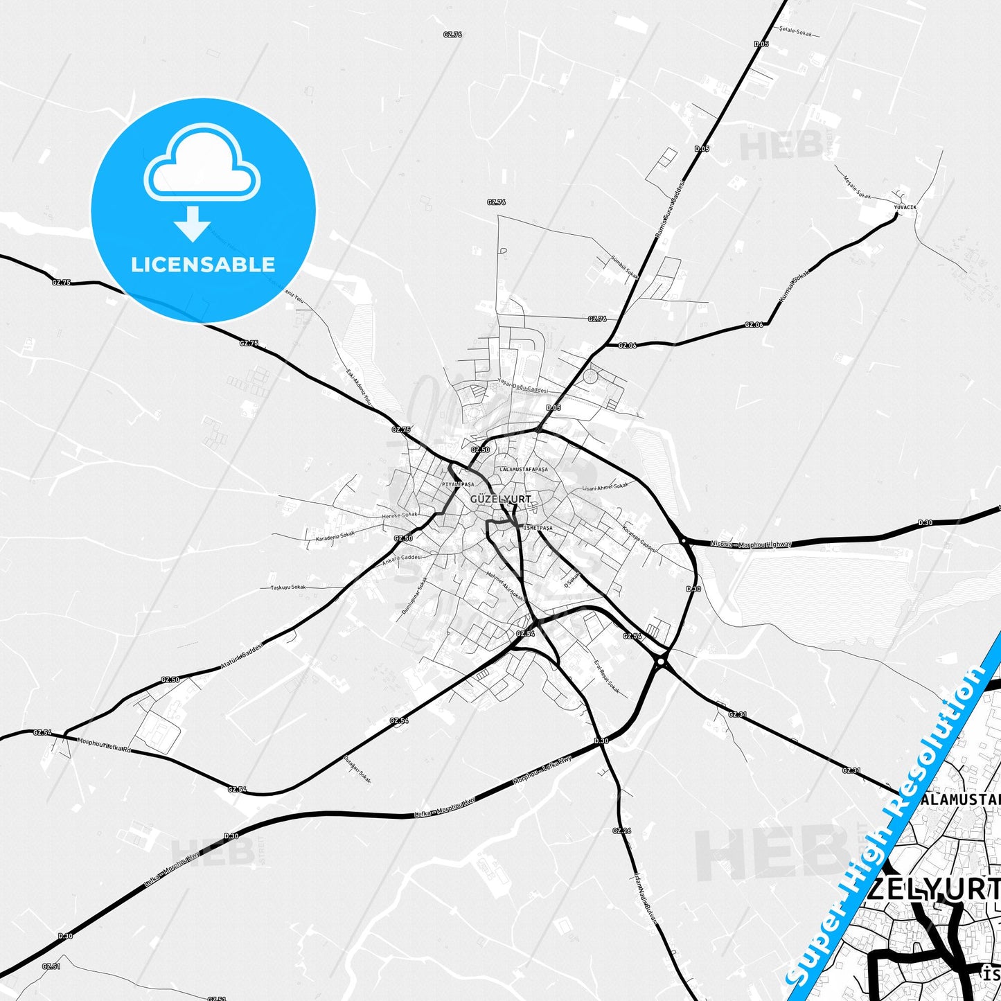 Mórfou , Cyprus Light Map with Street Names, City Names, and Districts