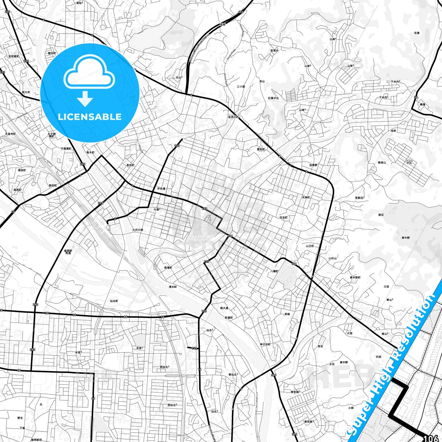 Morioka, Japan Light Map with Street Names, City Names, and Districts