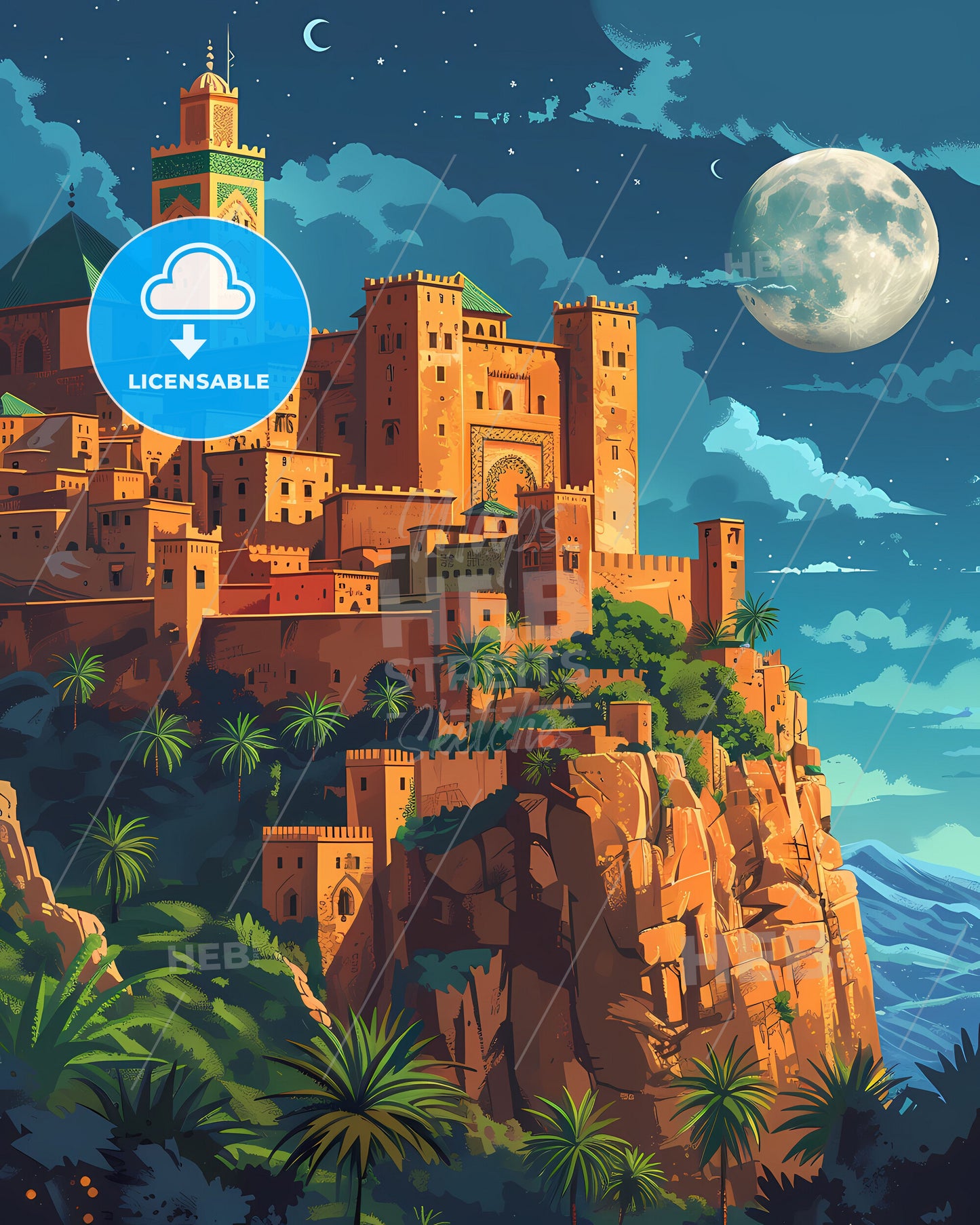 Vibrant Painting of a Majestic Castle on a Cliff in Morocco, North Africa