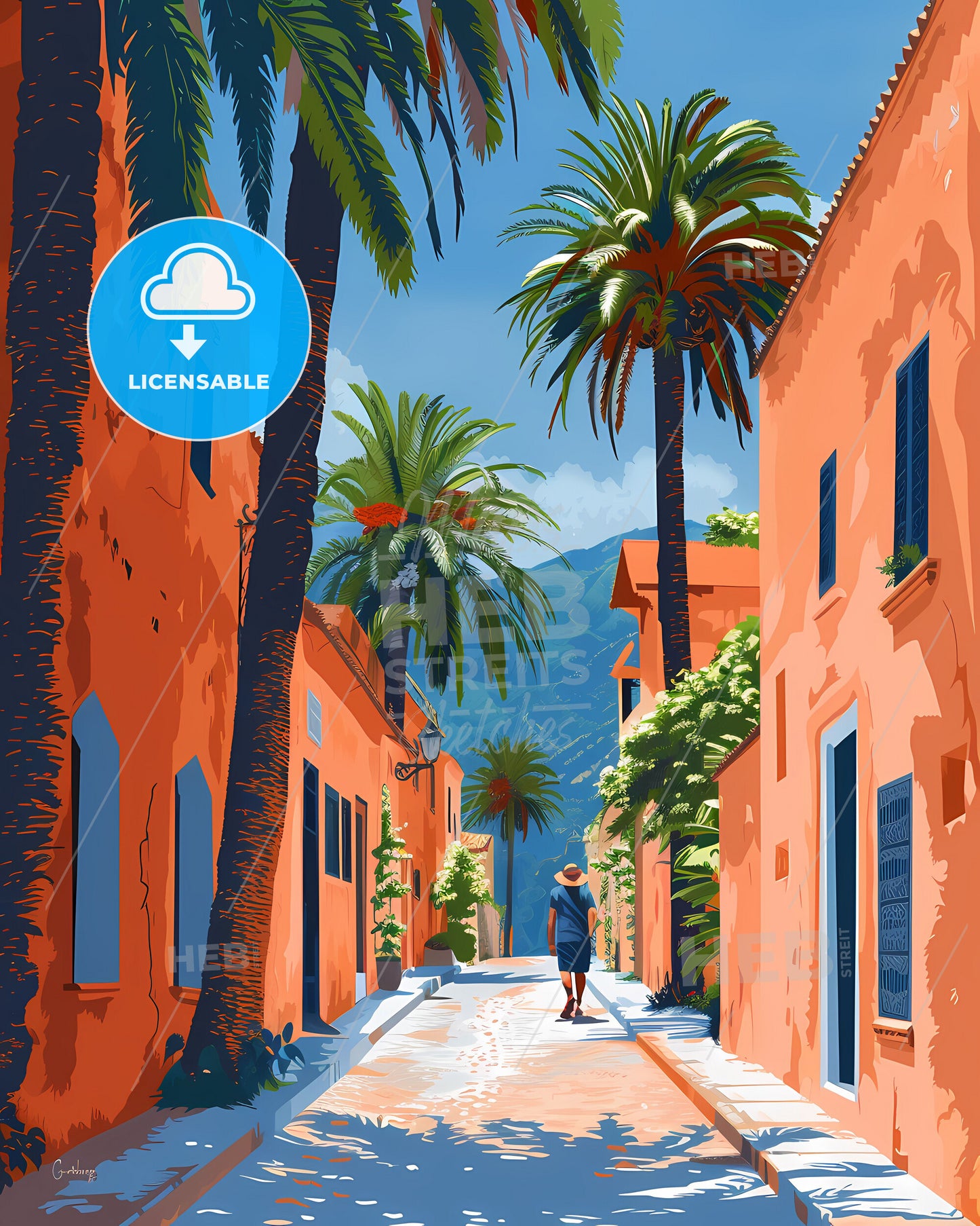 Vibrant Moroccan Street Art Depicting a Woman Amidst Palm Trees