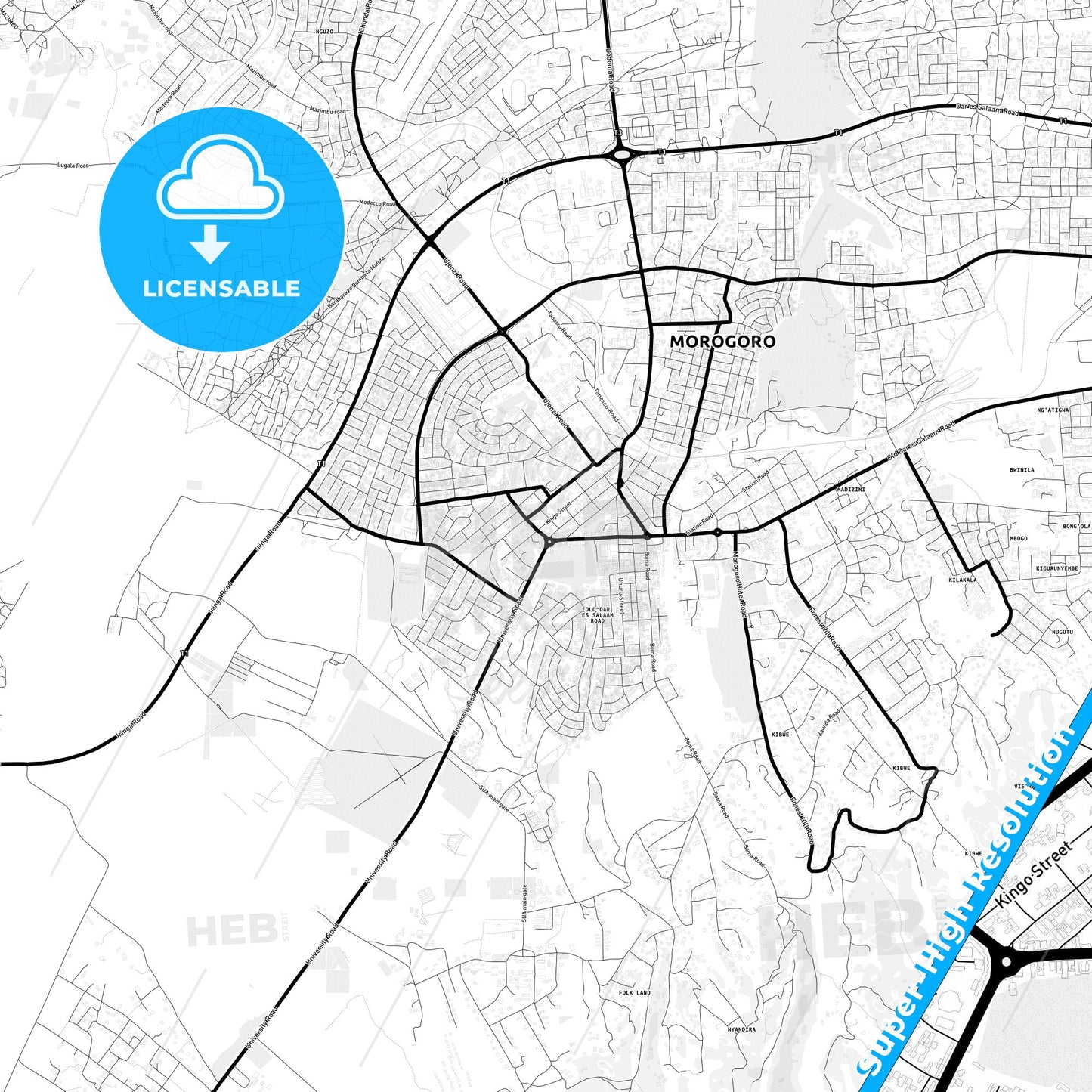 Morogoro, Tanzania Light Map with Street Names, City Names, and Districts