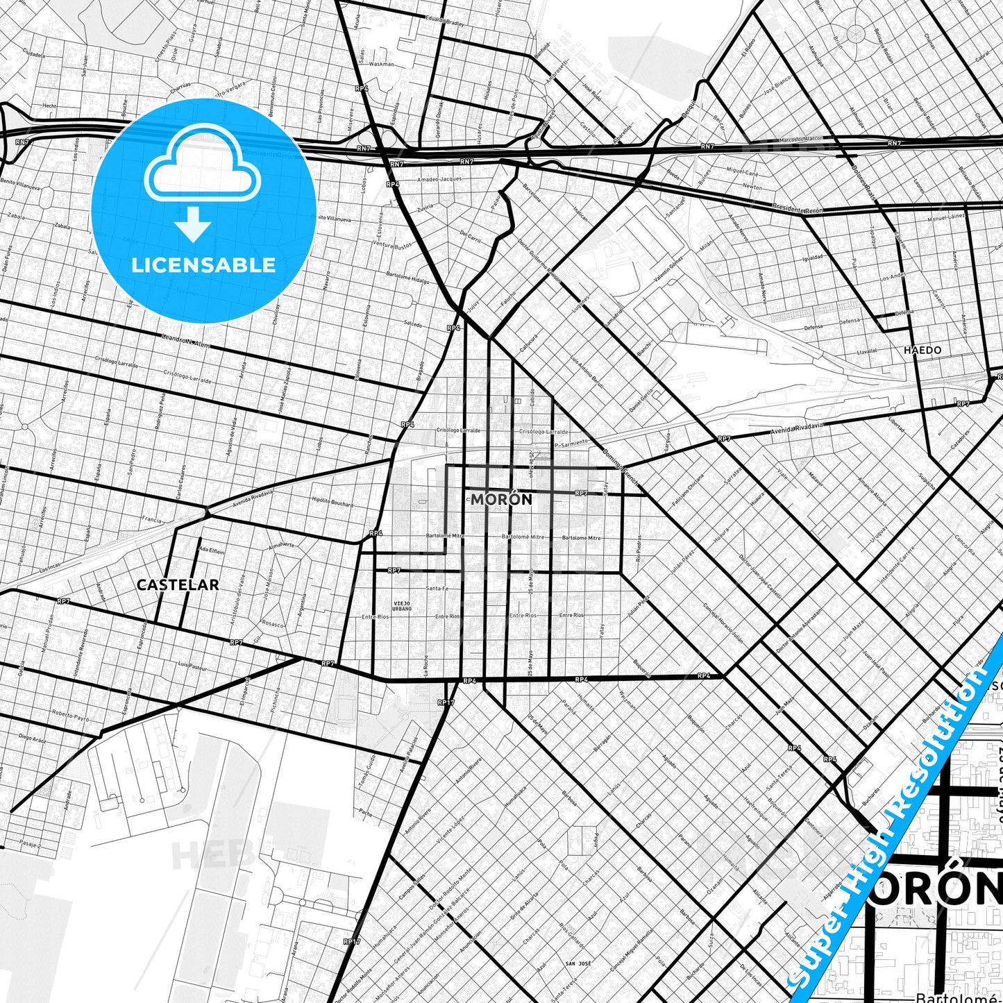 Moron, Argentina Light Map with Street Names, City Names, and Districts