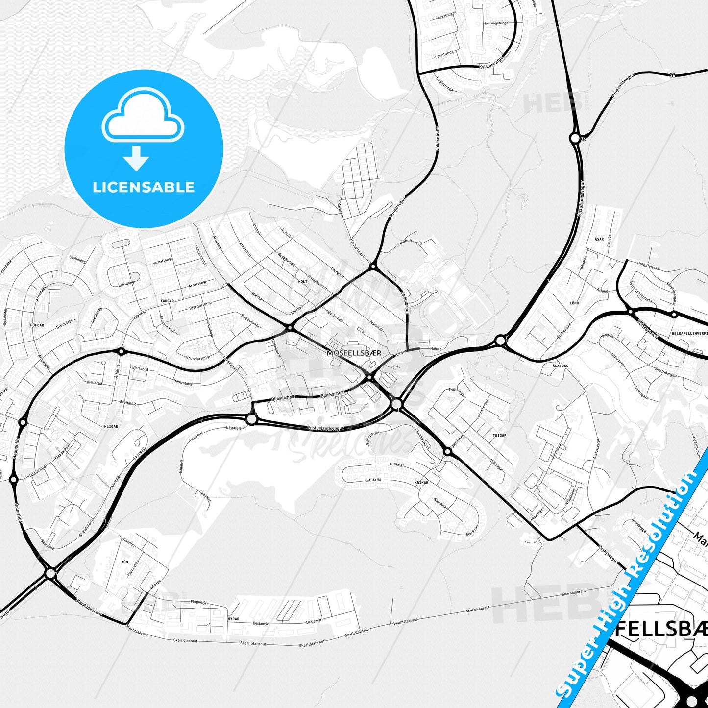 Mosfellsbær, Iceland Light Map with Street Names, City Names, and Districts