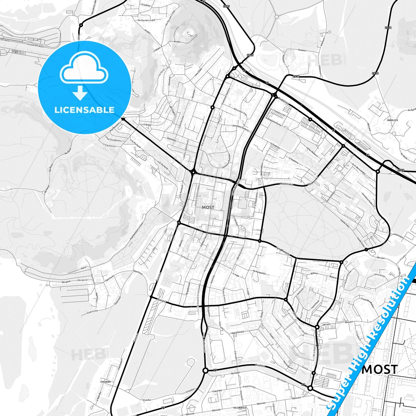 Most, Czechia Light Map with Street Names, City Names, and Districts
