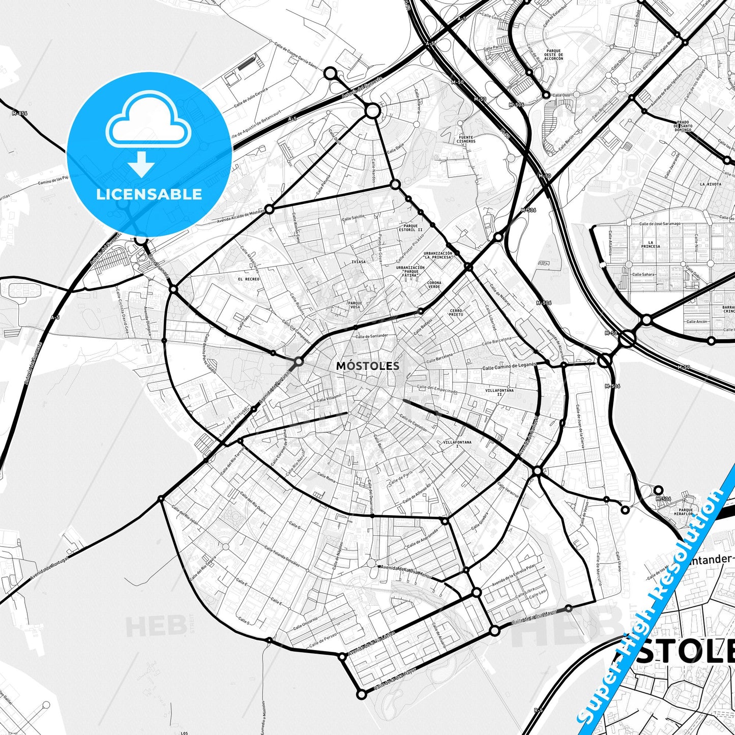 Móstoles, Spain Light Map with Street Names, City Names, and Districts