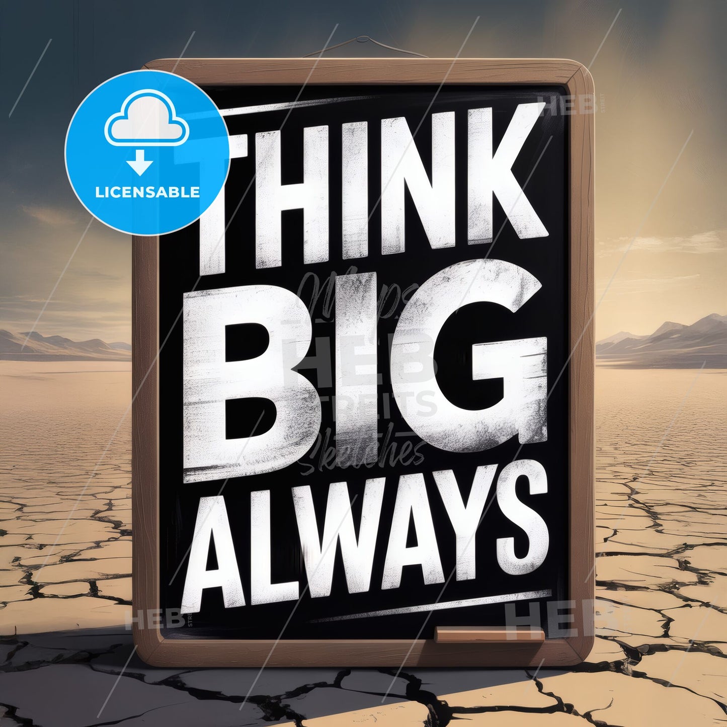 Motivational Chalkboard Sign Encouraging Big Thinkers in a Desert Landscape with Cracked Earth