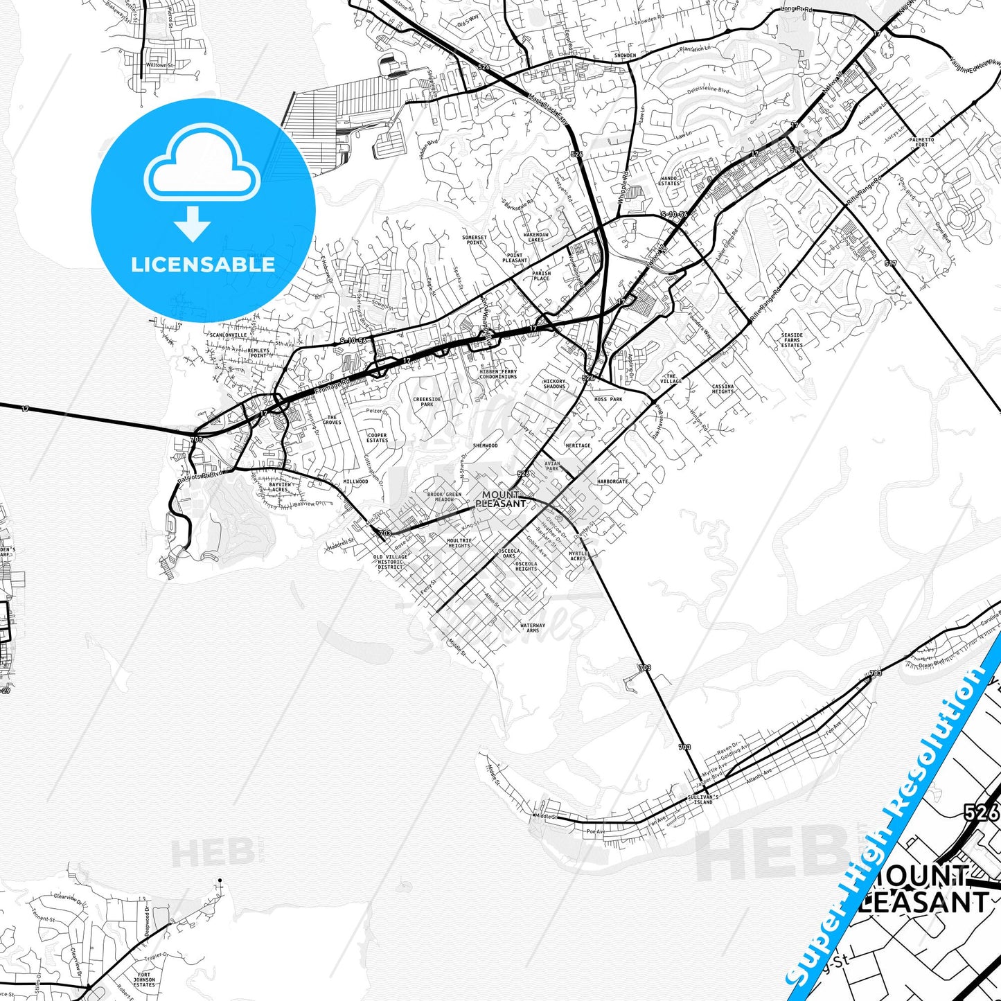 Mount Pleasant, South Carolina Light Map with Street Names, City Names, and Districts