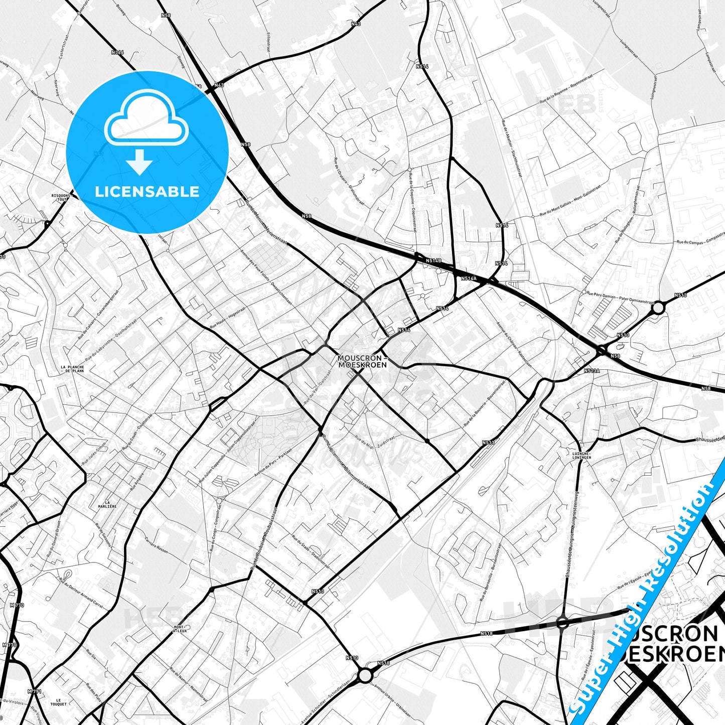Mouscron, Belgium Light Map with Street Names, City Names, and Districts