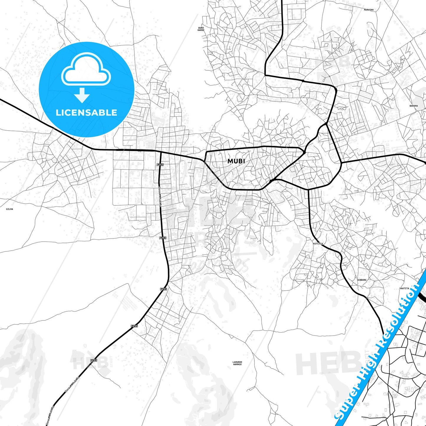 Mubi, Nigeria Light Map with Street Names, City Names, and Districts