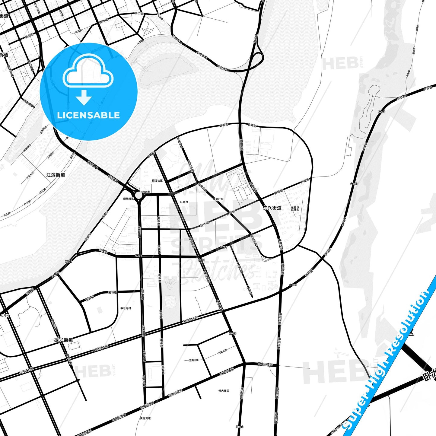 Mudanjiang, China Light Map with Street Names, City Names, and Districts