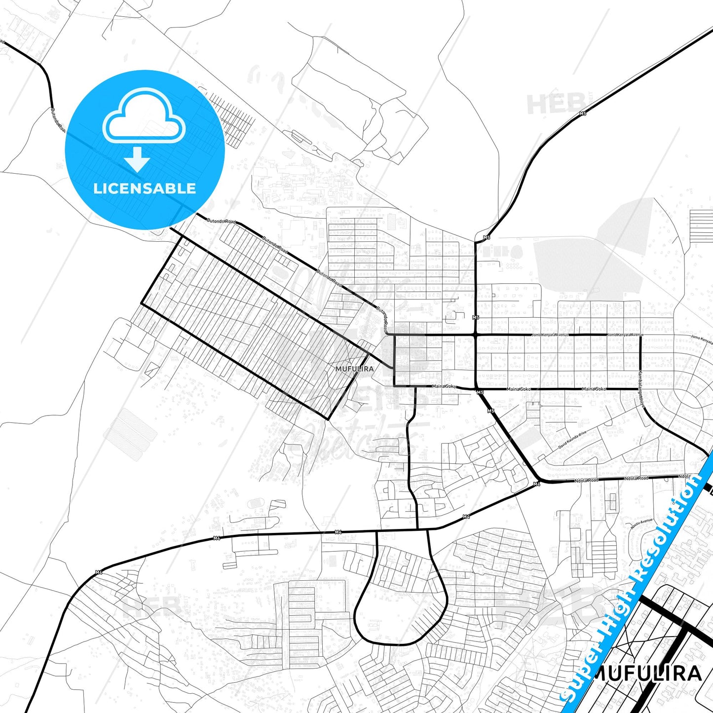 Mufulira, Zambia Light Map with Street Names, City Names, and Districts