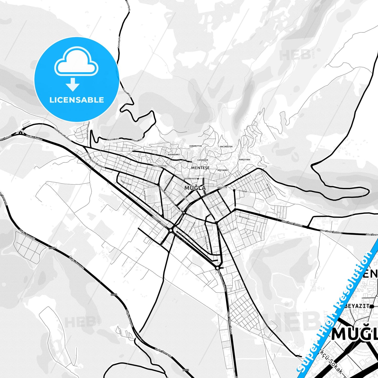 Muğla, Turkey Light Map with Street Names, City Names, and Districts