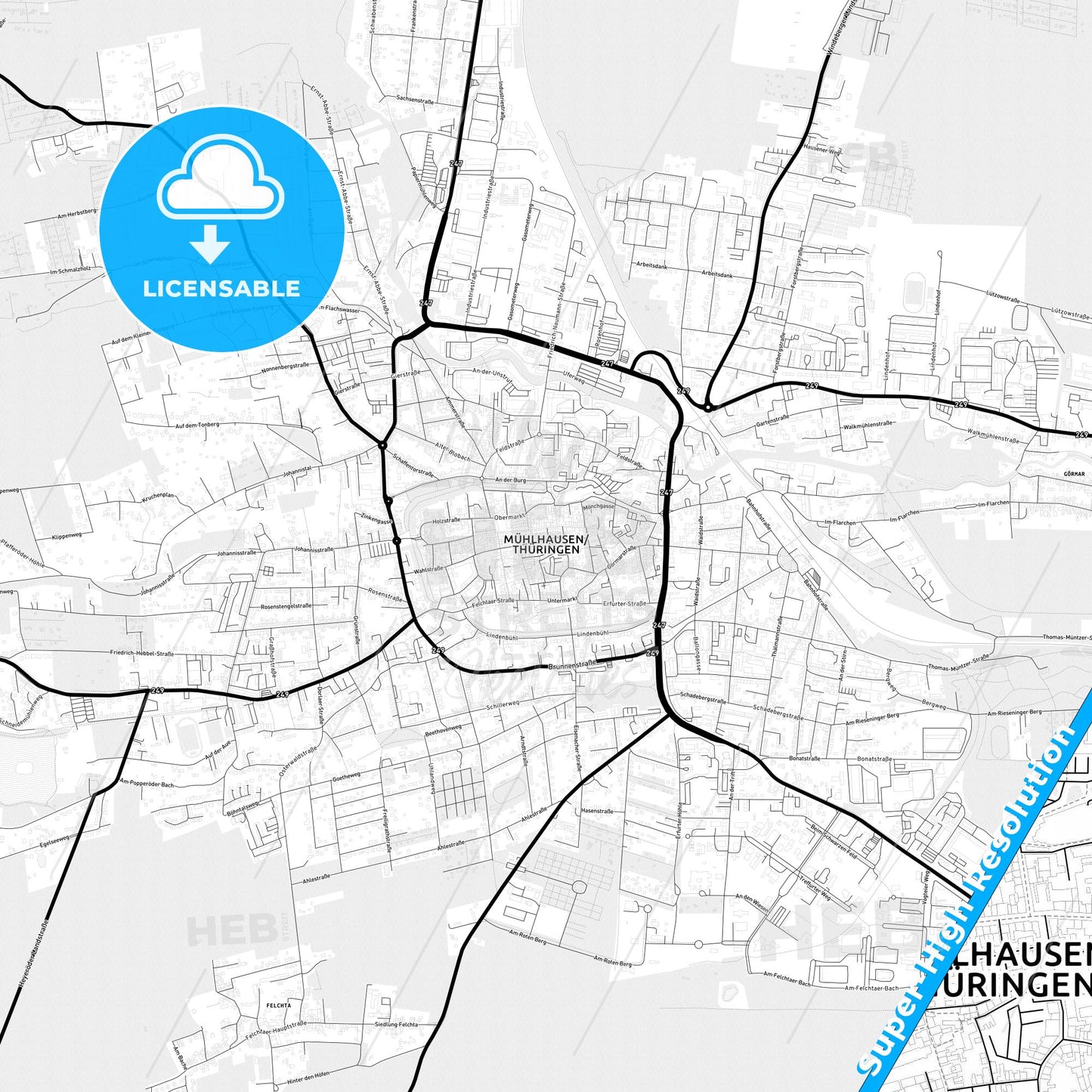 Muhlhausen/Thuringia, Germany Light Map with Street Names, City Names, and Districts