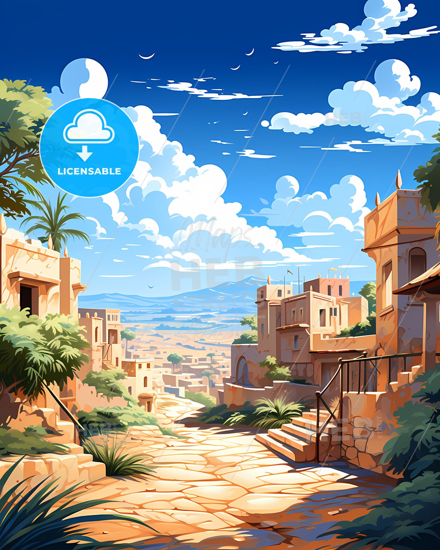 Multan Pakistan Skyline on stone street showing buildings, trees, and a painting