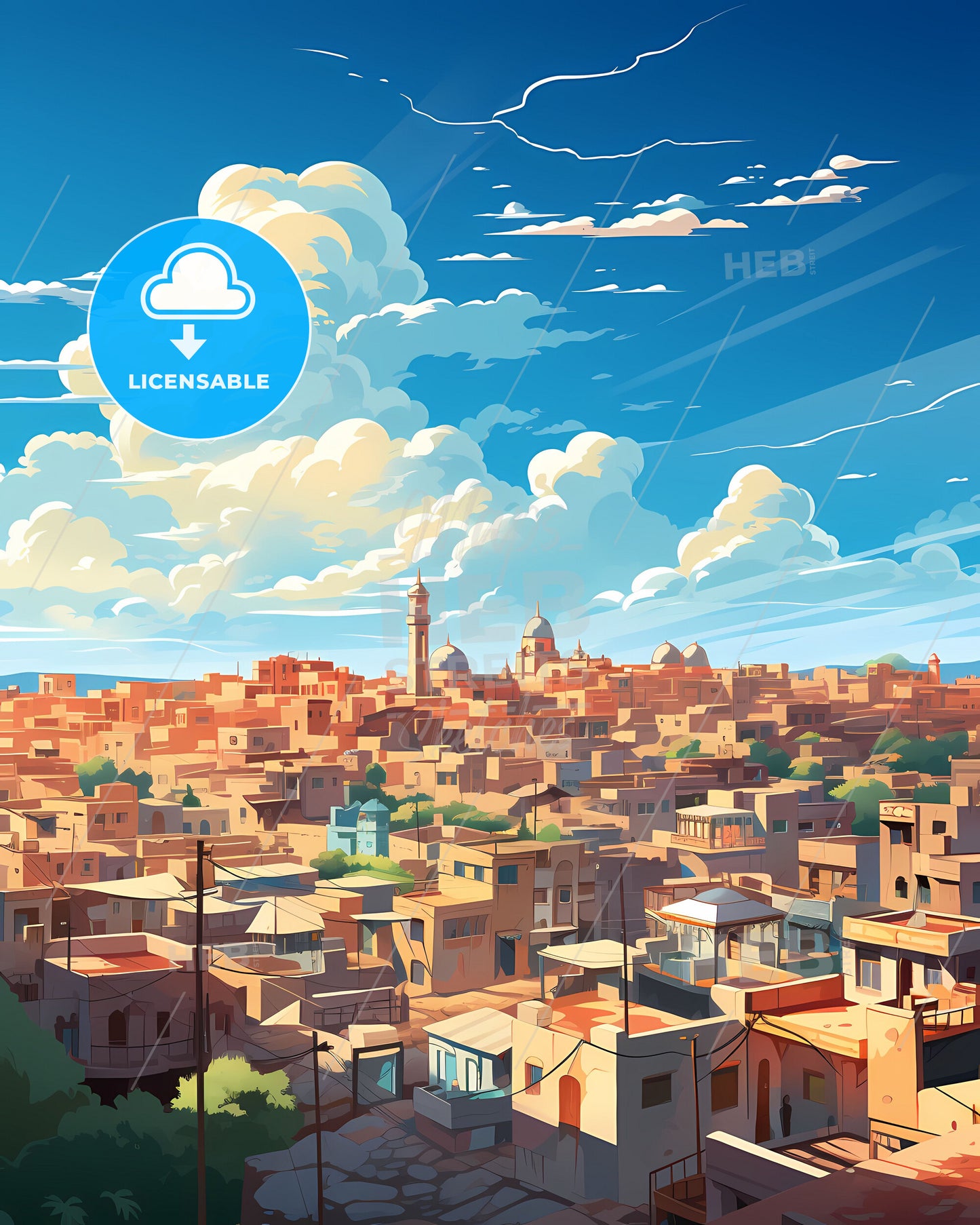 Vibrant Multan Pakistan City Skyline Painting with Buildings and Clouds