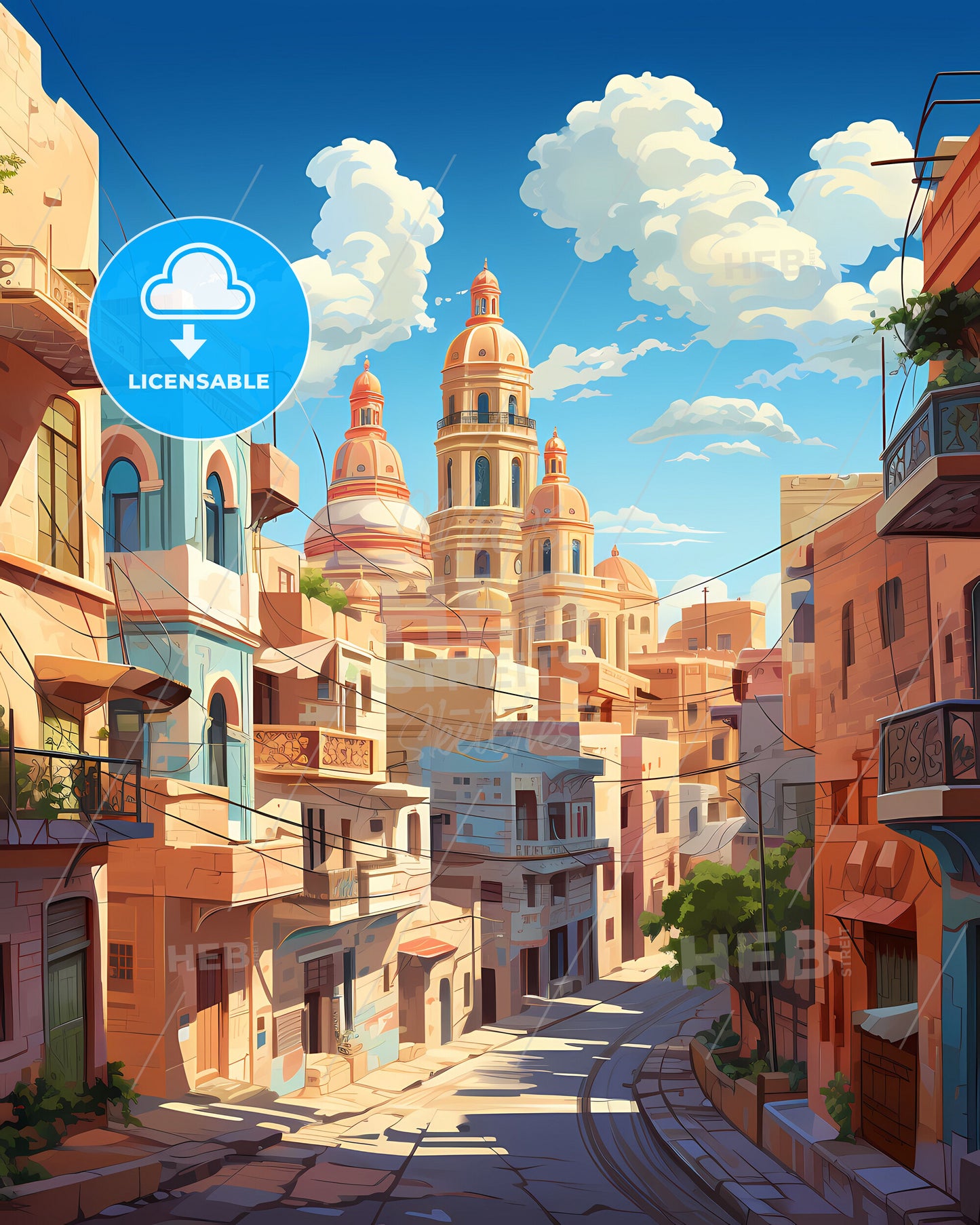 Expressive Painting of Multan Pakistan Skyline Featuring Street Scenes and Tower