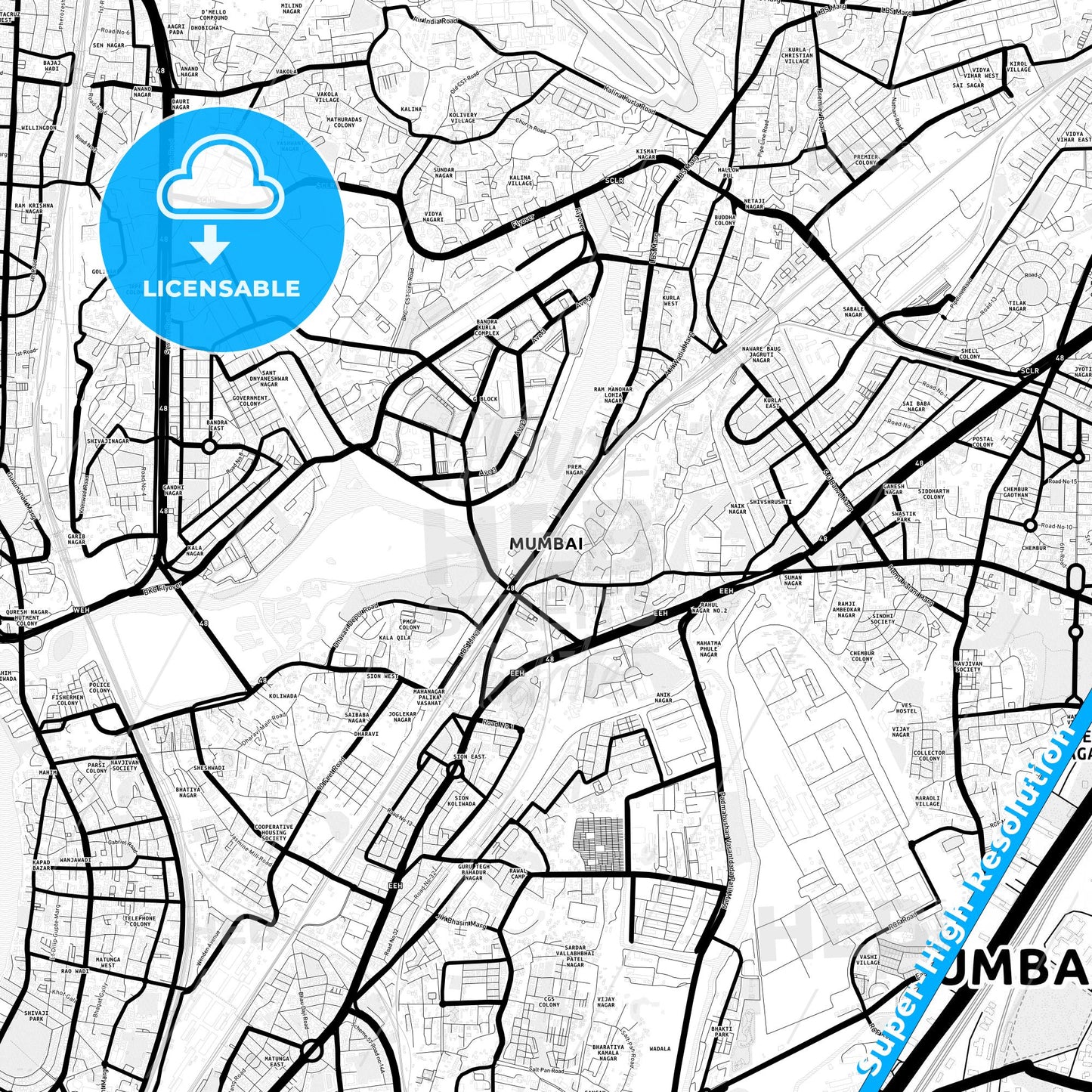 Mumbai, India Light Map with Street Names, City Names, and Districts