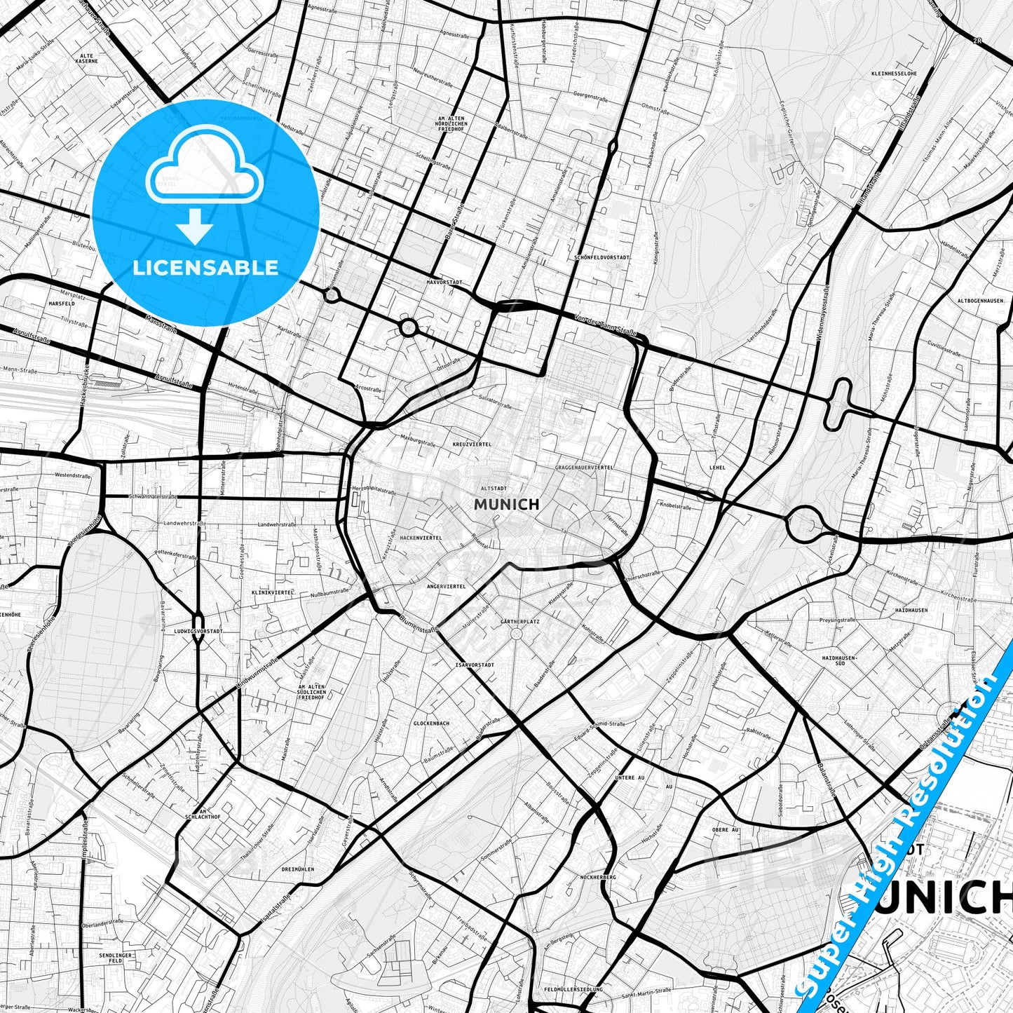 München, Germany Light Map with Street Names, City Names, and Districts