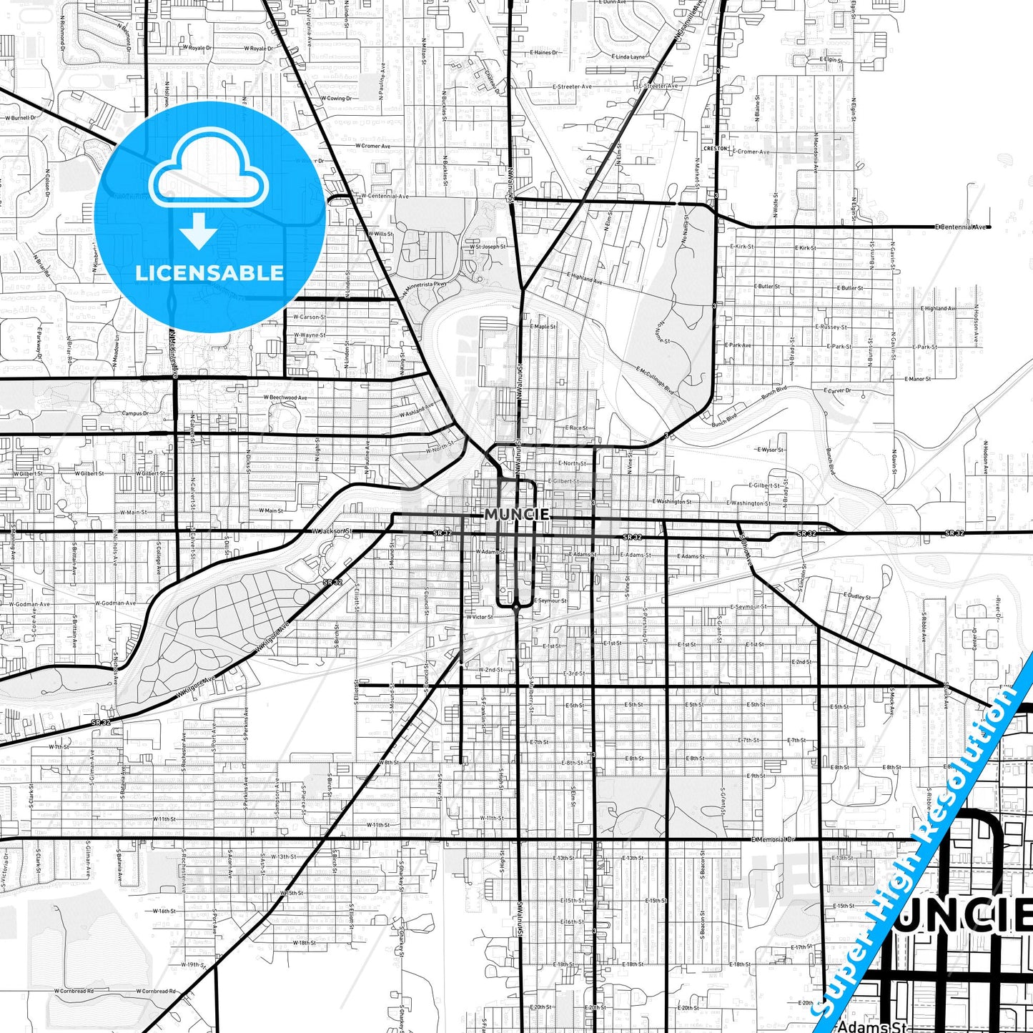 Muncie, Indiana Light Map with Street Names, City Names, and Districts