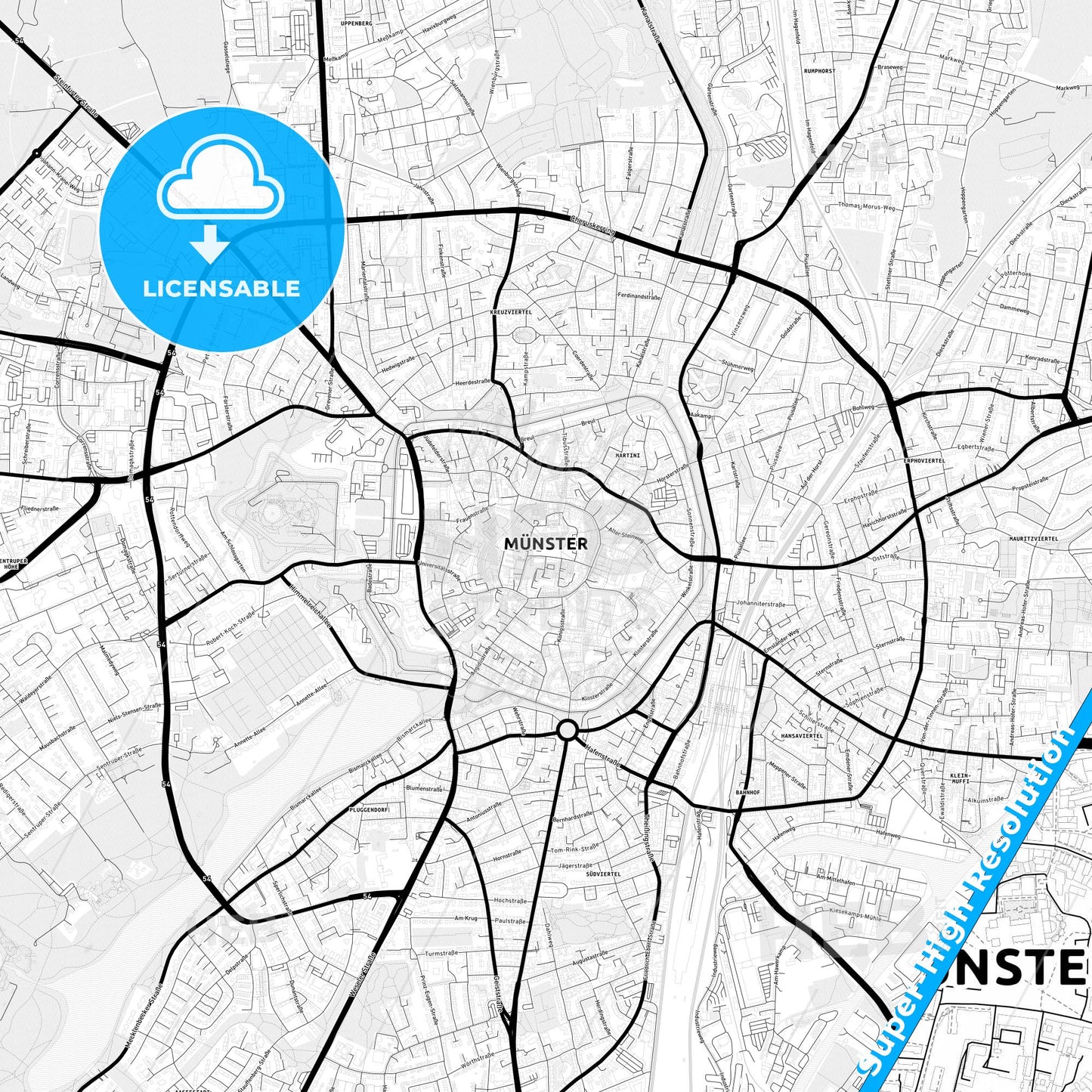 Münster, Germany Light Map with Street Names, City Names, and Districts