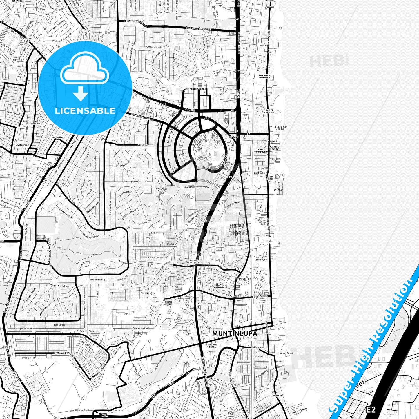 Muntinlupa, Philippines Light Map with Street Names, City Names, and Districts