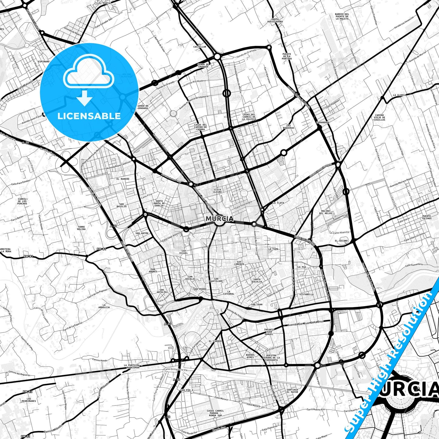 Murcia, Spain Light Map with Street Names, City Names, and Districts