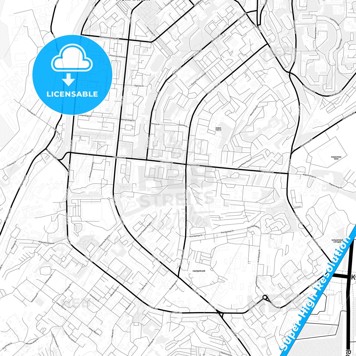 Murmansk, Russia Light Map with Street Names, City Names, and Districts