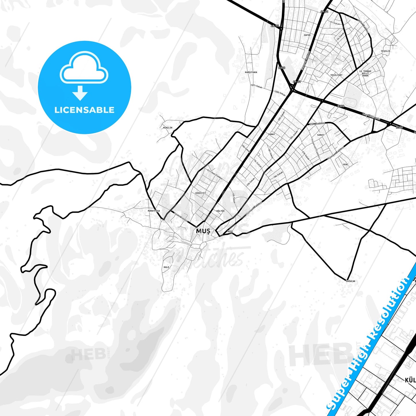 Muş, Turkey Light Map with Street Names, City Names, and Districts
