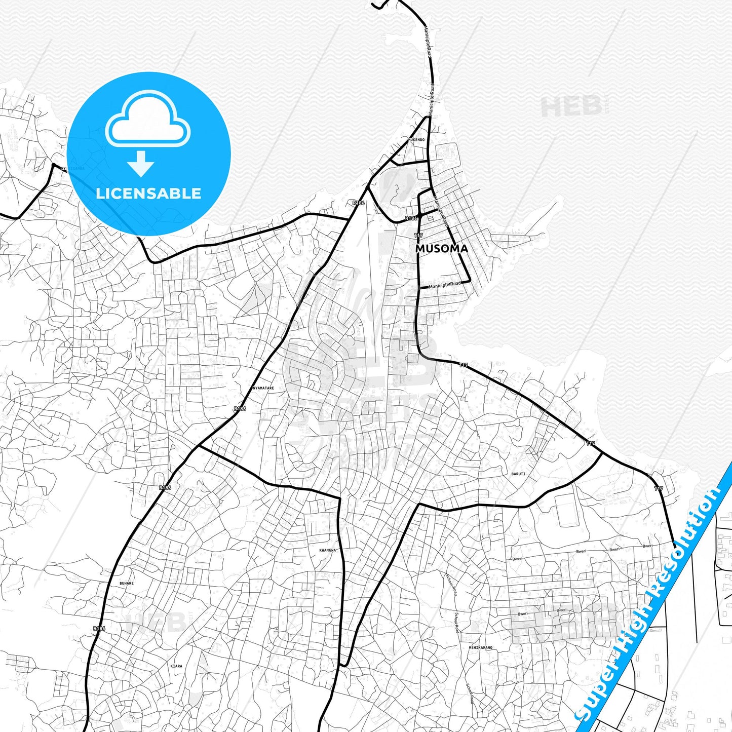 Musoma, Tanzania Light Map with Street Names, City Names, and Districts