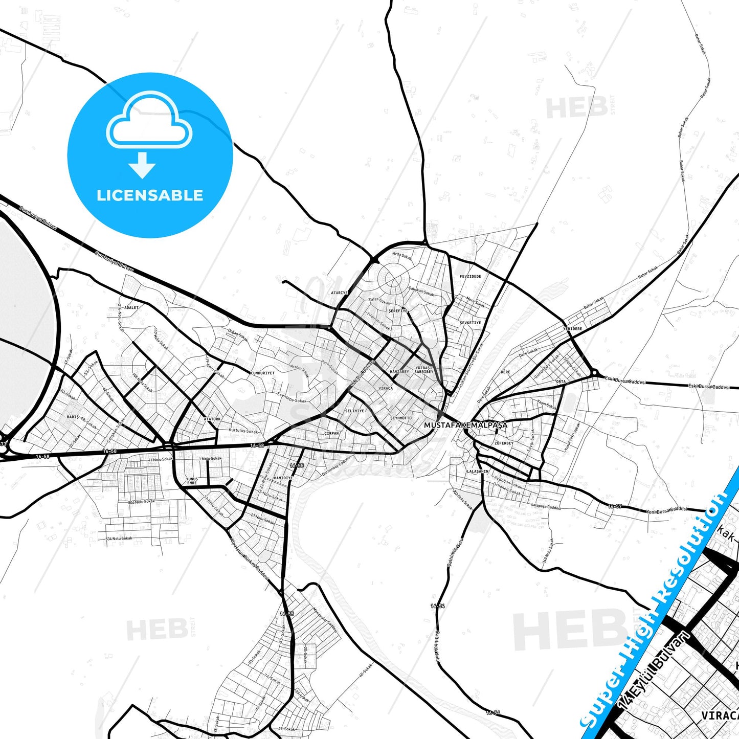 Mustafakemalpaşa, Turkey Light Map with Street Names, City Names, and Districts