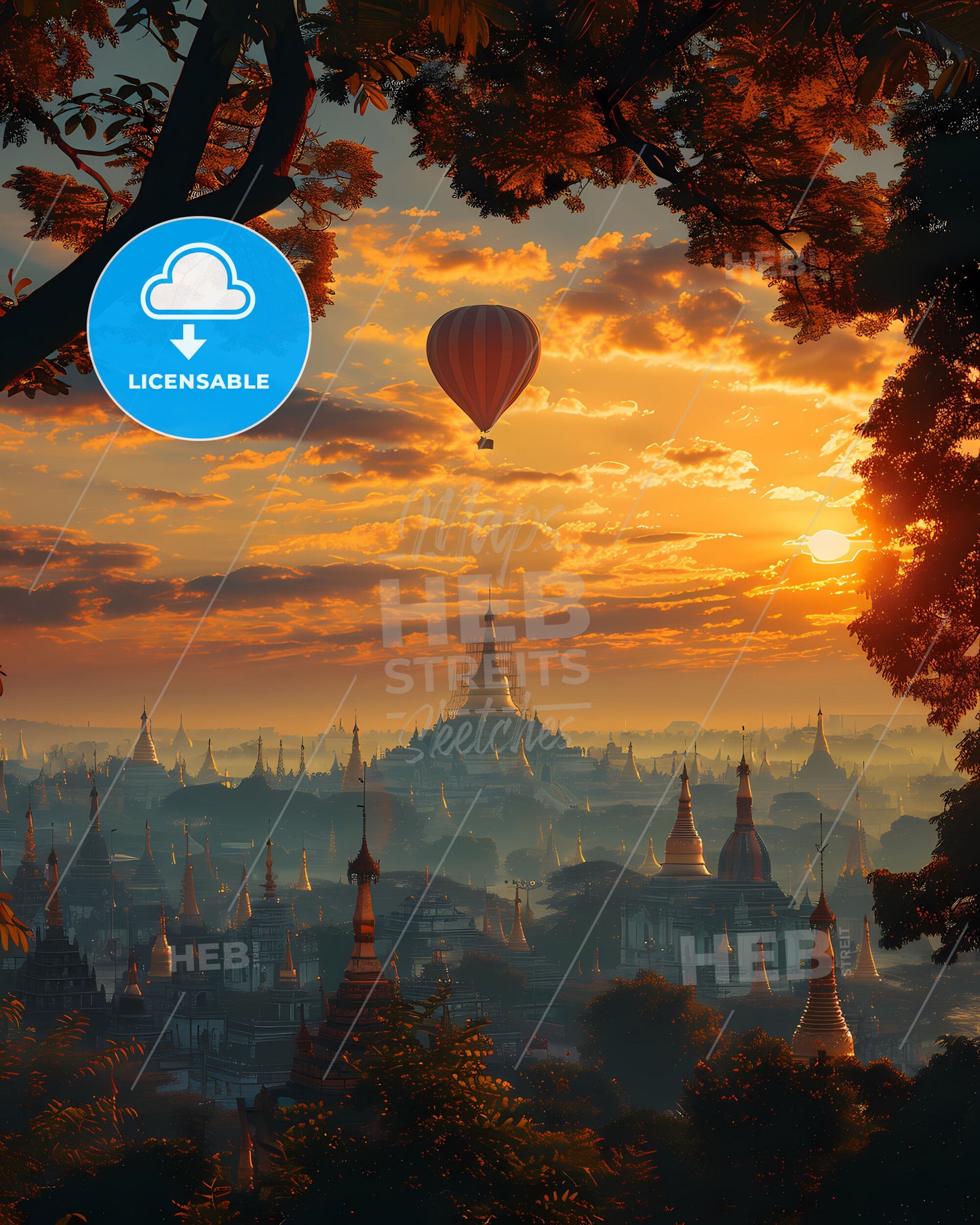 Colorful Hot Air Balloon Over Southeast Asian City Artwork