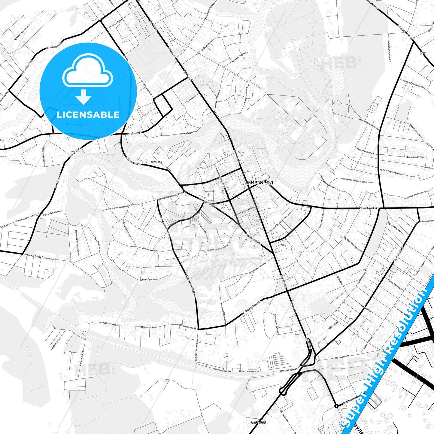 Myrhorod, Ukraine Light Map with Street Names, City Names, and Districts