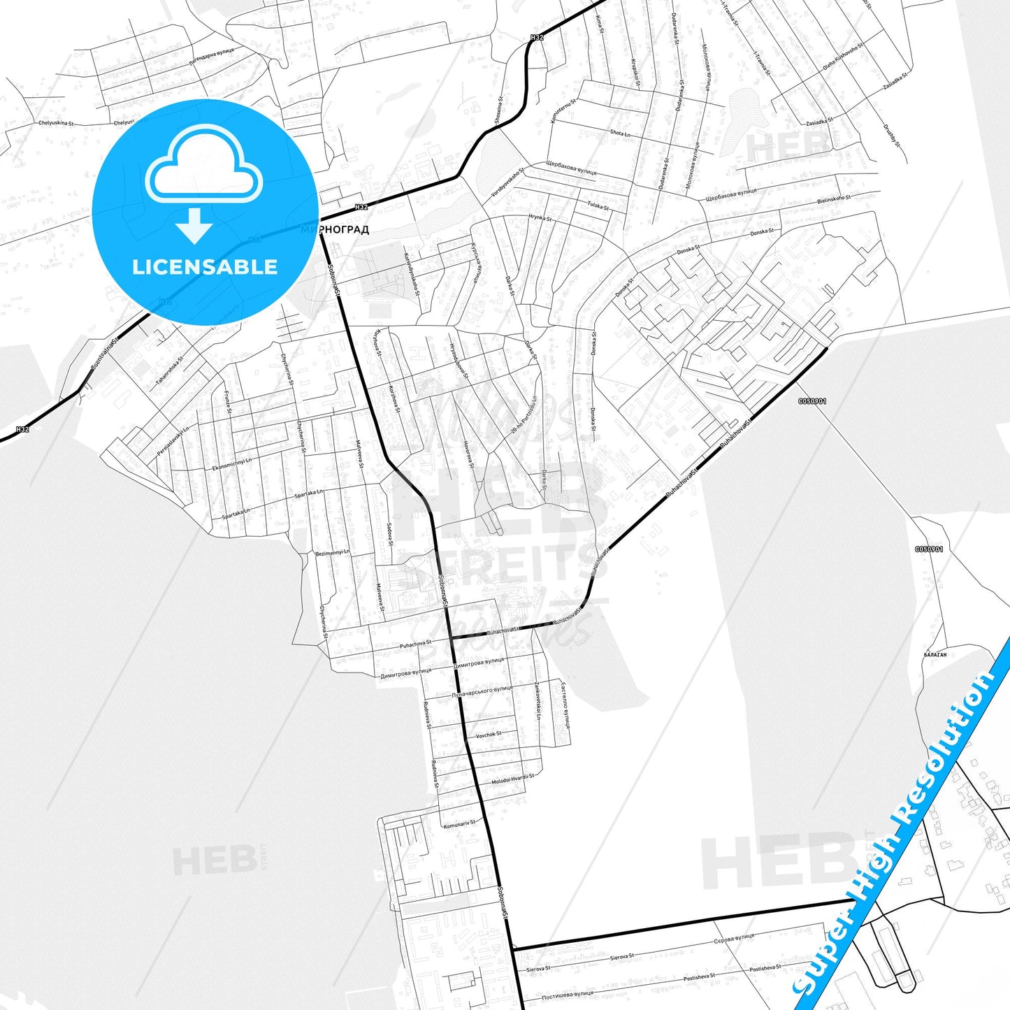 Myrnohrad, Ukraine Light Map with Street Names, City Names, and Districts