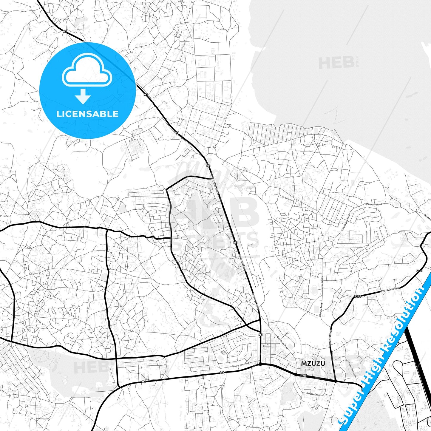 Mzuzu, Malawi Light Map with Street Names, City Names, and Districts