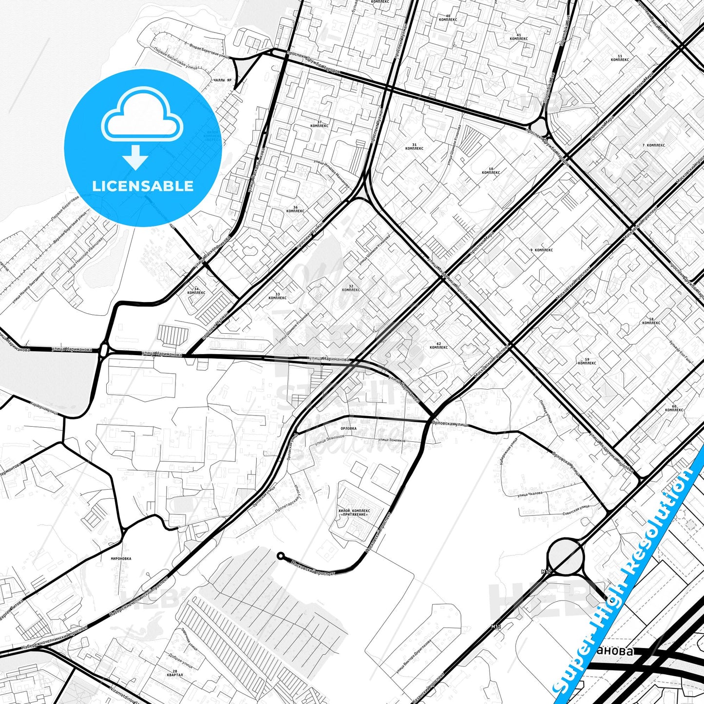 Naberezhnye Chelny, Russia Light Map with Street Names, City Names, and Districts
