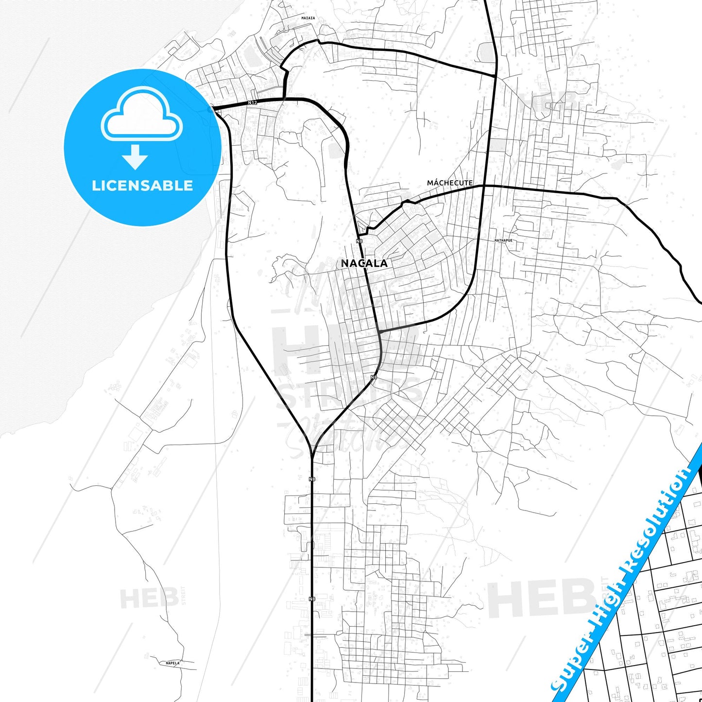 Nacala, Mozambique Light Map with Street Names, City Names, and Districts