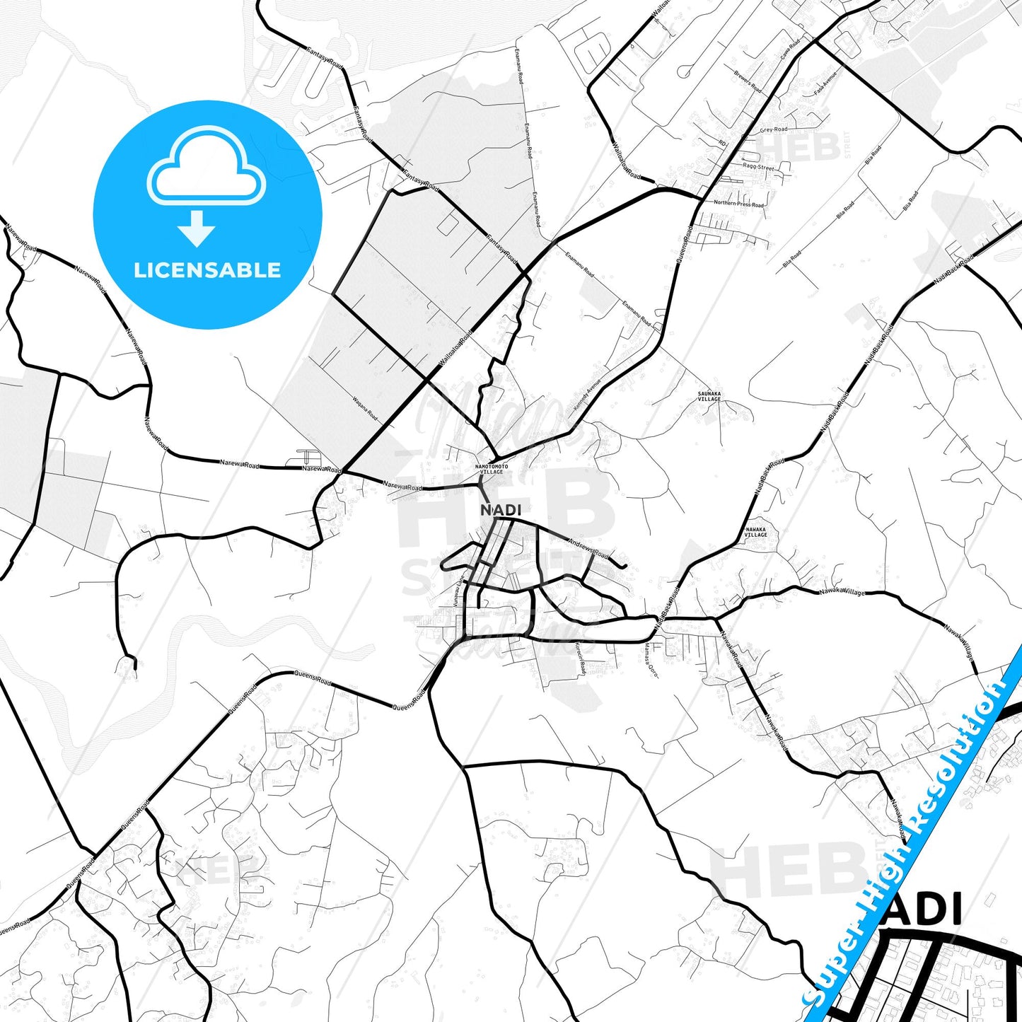 Nadi, Fiji Light Map with Street Names, City Names, and Districts