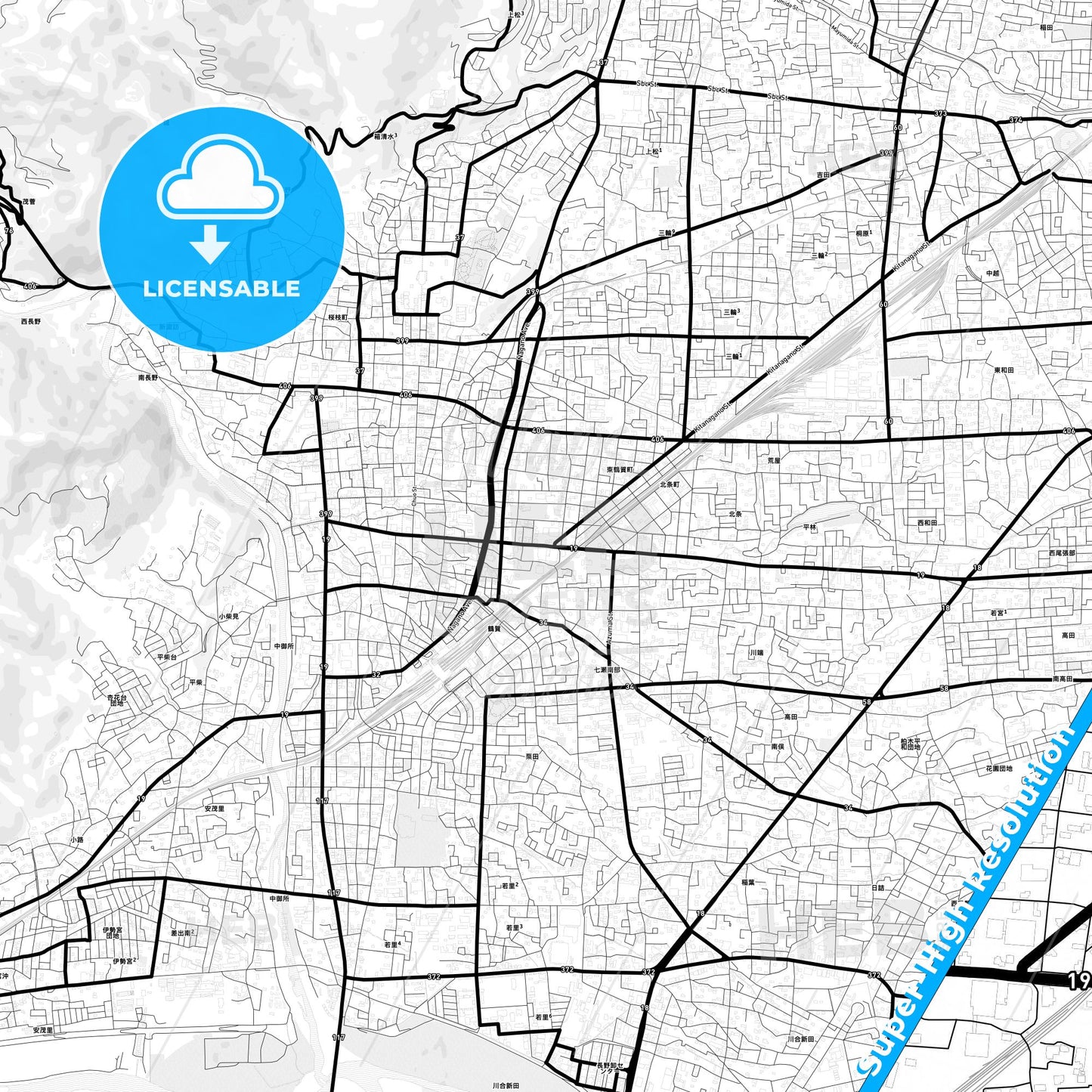 Nagano, Japan Light Map with Street Names, City Names, and Districts